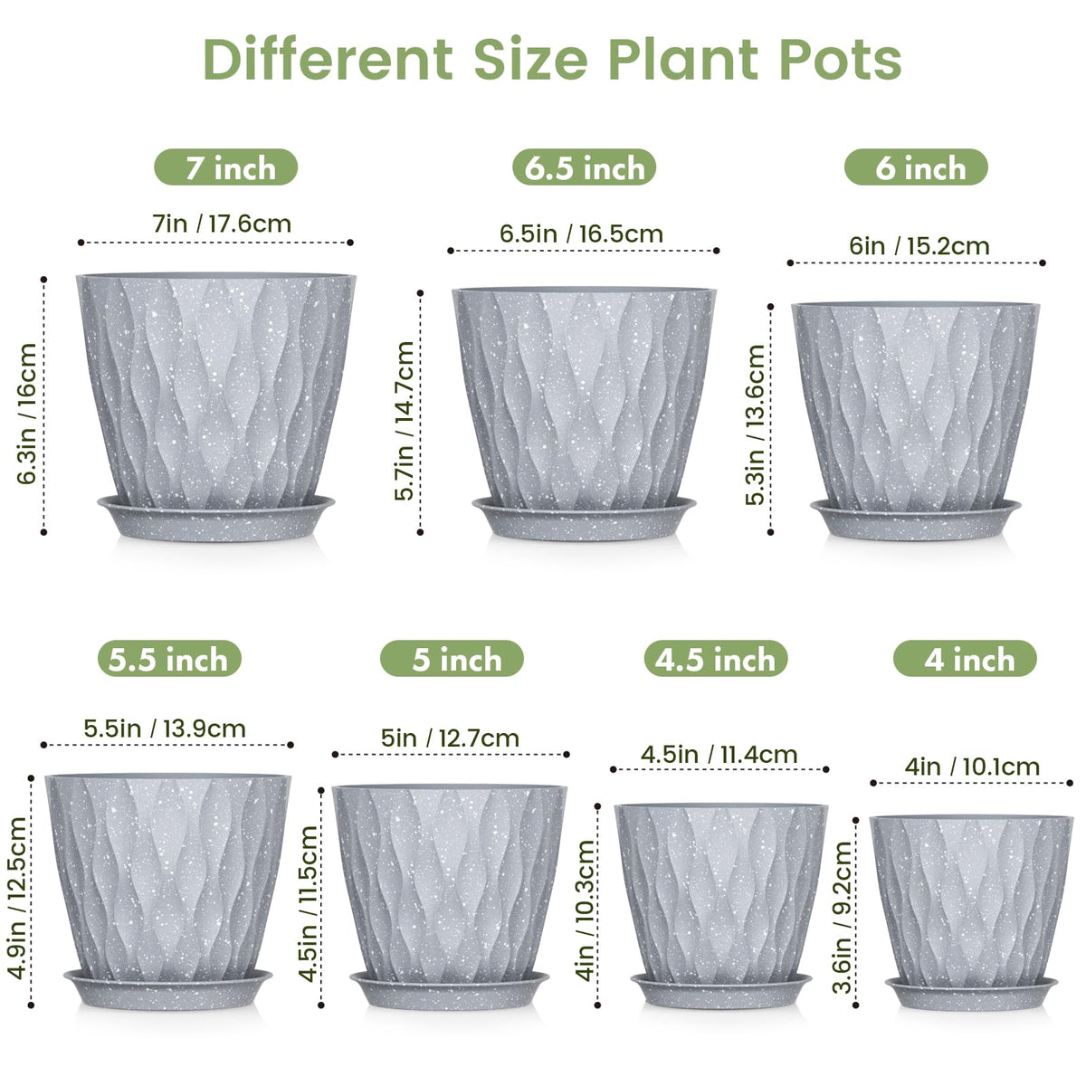 Meowell 7/6.5/6/5.5/5/4.5/4 inch Plant Pots for Indoor Outdoor Plants, 7 Pack Thick Flower Pots with Drainage Holes and Saucers, Modern Wave Texture Plastic Planters Nursery Pots, Speckled Grey