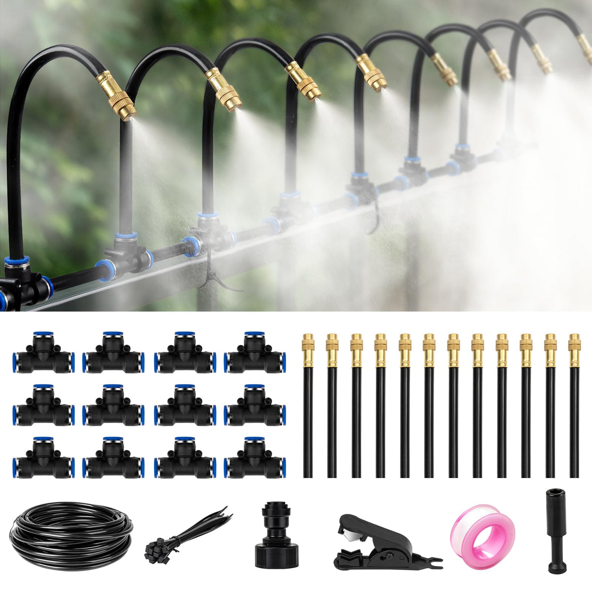 39FT Garden Mister System, Automatic Garden Watering System with 360-degree Bending Dropper Atomizing Copper Nozzle, Drip Irrigation System for Garden, Greenhouse, Yard, Lawn, Plant (12 Spray Nozzles)