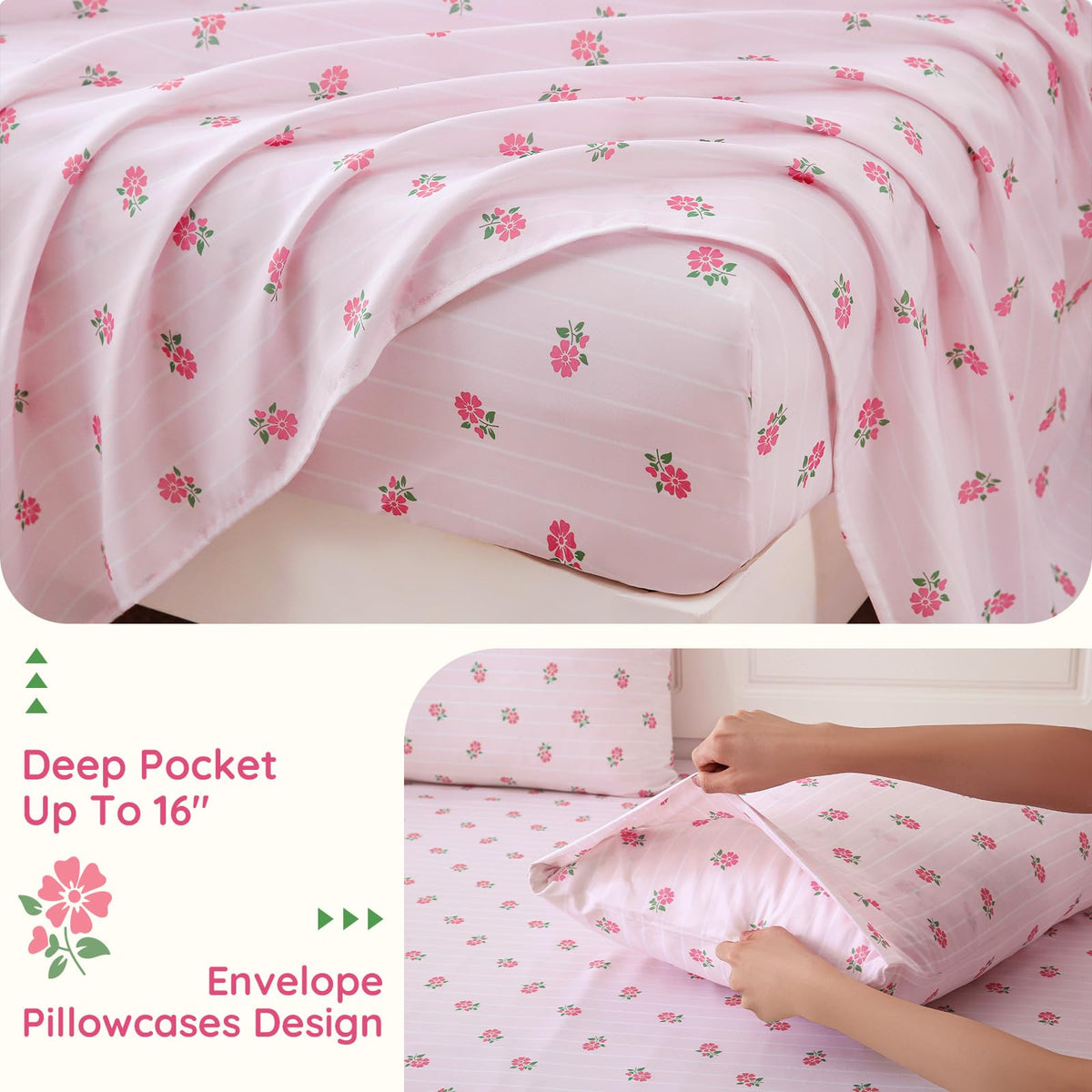 MCO Kids 3 Pieces Striped Twin Sheet Set for Girls, Breathable Bed Sheets with 16" Deep Pocket, Soft Brushed Microfiber Bedding Set (Twin, Pink Flower)