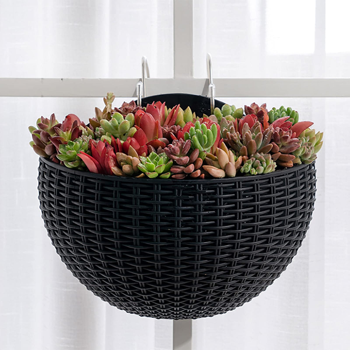 Hanging Planter Pot, Wall and Railing Hanging Planters with S Hooks, Half Round Imitation Rattan European Style Wall Flowerpot Rustic Decorative Flower Basket for Home Balcony(#26 * 20.5cm Wine red)