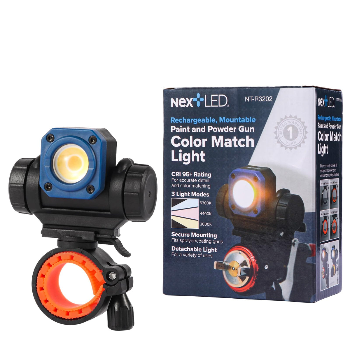 NextLED NT-R3202 Rechargeable Paint Spray Gun Light, CRI 95+ Color Match with 3 Lighting Modes (3000K/4400K/6300K), 450 LM, Mountable & Detachable, Wide Beam, Universal Auto Paint Gun Light Bracket
