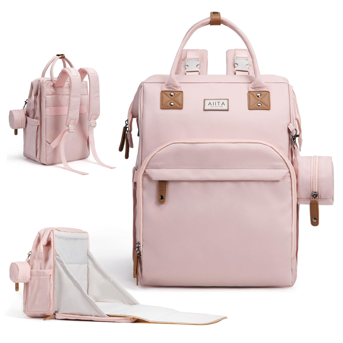 AIITA Diaper Bag Backpack, Multifunction Diaper Bag with Changing Pad, Baby Diaper Bags for Boys Girls, Stylish Large Capacity Travel Backpack for Moms Dads, Baby Shower Gifts,Unisex – Pink