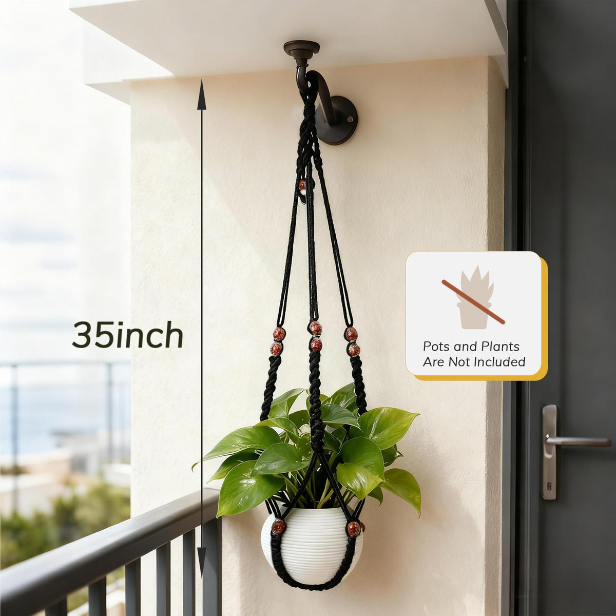 HOREAKHJ 35 Inch Macrame Plant Hanger, Large for up to 15 Inch Pot Extra Long Hanging Planter Holder Basket with Wood Beads for Indoor Outdoor Home Decor (Black, 2-Pack)