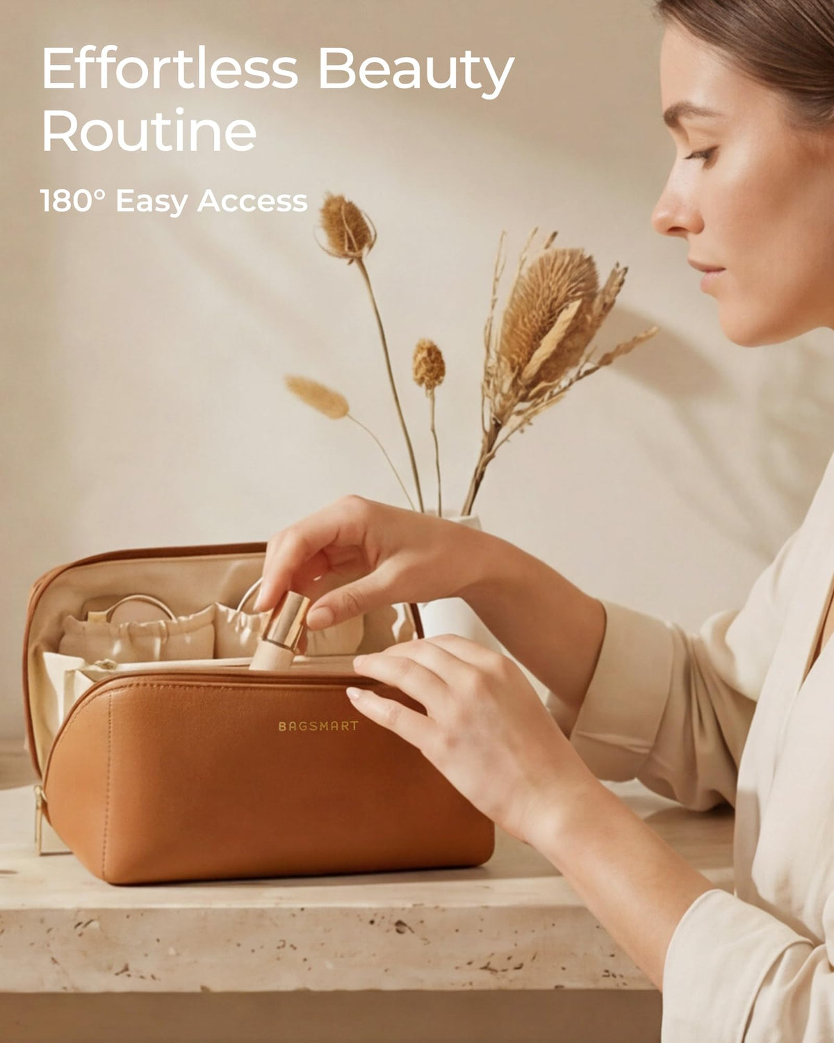 BAGSMART Makeup Bag Travel Cosmetic Bag, Large Make Up Bag Flat Open Toiletry Bag for Women, PU Leather Travel Essentials Organizer Case, Wide-open Pouch Purse for Skincare, Brushes, Classic Brown