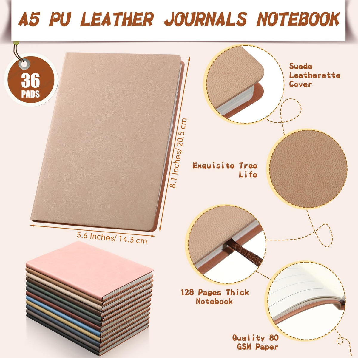 PerKoop 36 Pcs A5 PU Leather Journals Soft PU Leather Cover Ruled Writing Notebook Lined Journal Notebook for Office School Business Writing 128 Pages, 8.1'' x 5.6'' (Morandi Color)