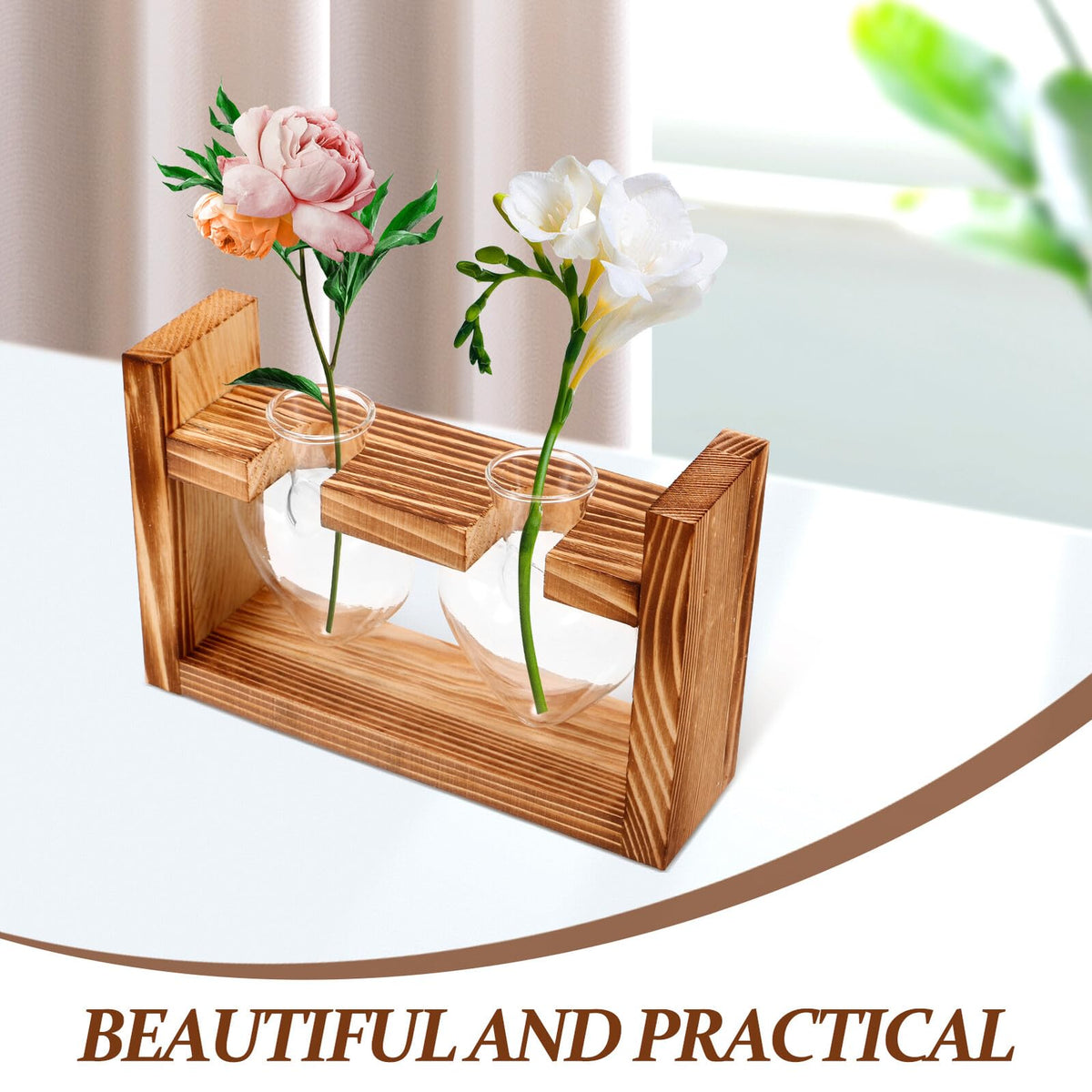 Healvian Heart-Shaped Glass Terrarium Vase with Wooden Stand, Hydroponic Planter for Indoor Plants, Desktop Home Decor, 2pcs Set with Retro Frame Packaging