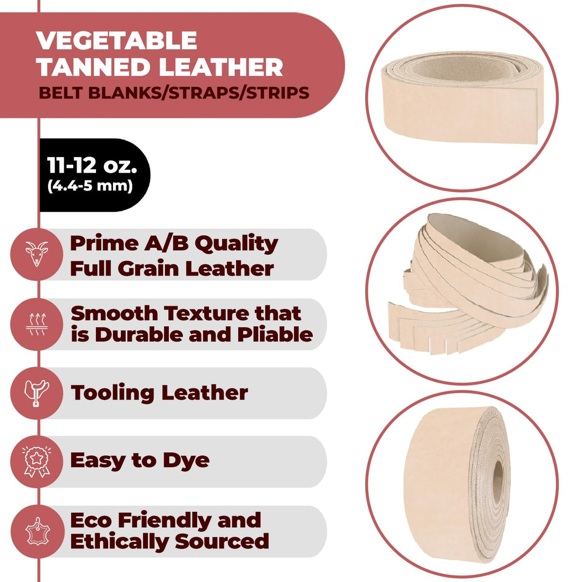 ELW Leather Strap, 11-12 Oz, 1.5 inch Wide x 50", Cowhide Veg Tan Leather Belt Blank, Leather Strips, Tooling Leather, Tan Straps for Crafts, Belt Making & Crafting Blank Hide