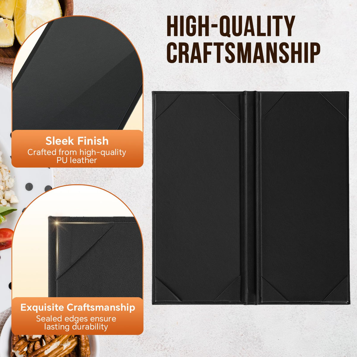 MYFULLY Restaurant Menu Holders 4.25" x 11", 6 Pack Black PU Leather Single Panel Menu Covers with Angled Corners for Restaurant, Bar, Coffee Shop, Wine List (4 View)