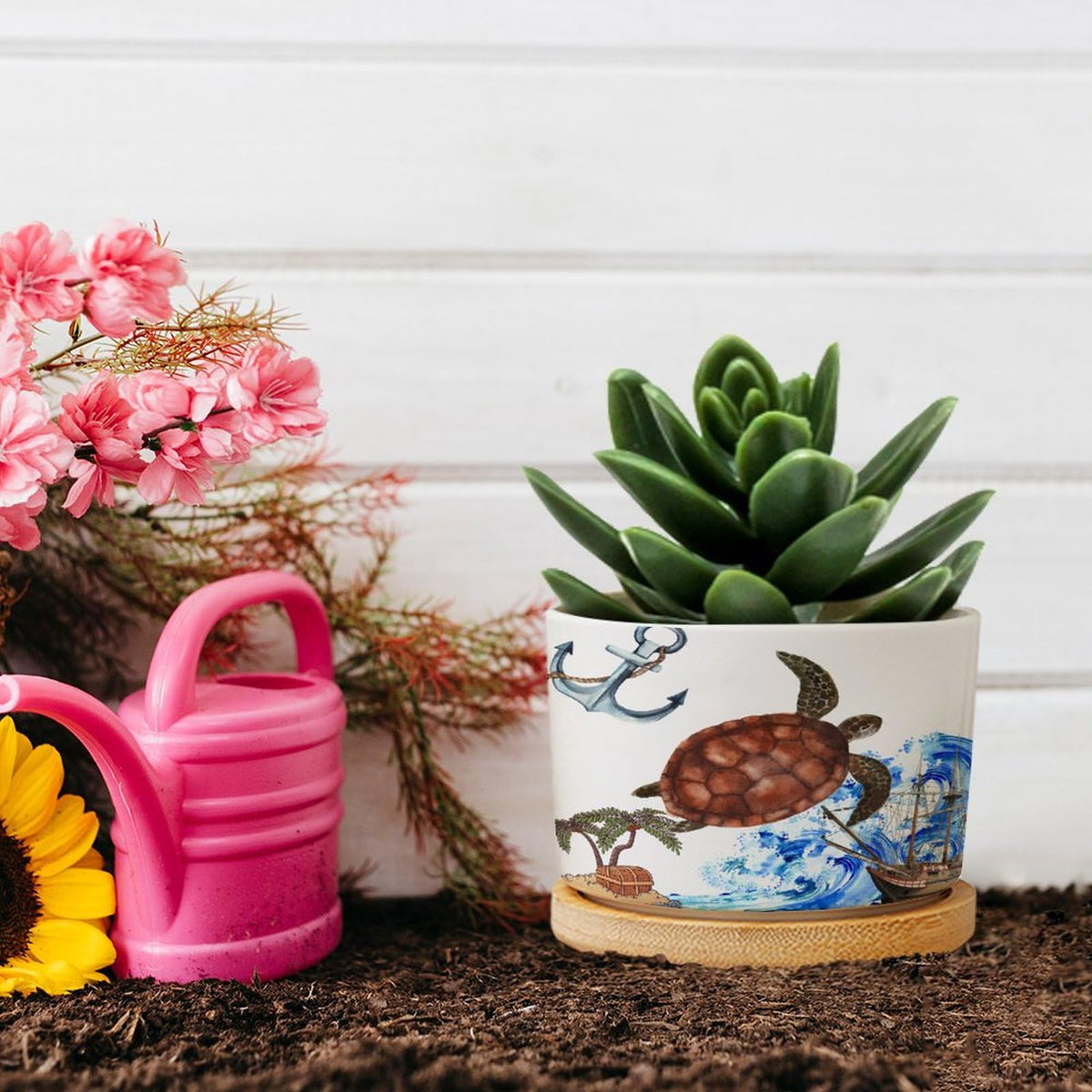 DreamAutumn Ocean Theme Sea Turtle Ceramic Pots for Plants with Drainage Holes Round Flower Pot Bamboo Tray Orchid Pot Succulents Pots for Outdoor Indoor Plants,Housewarming Gifts