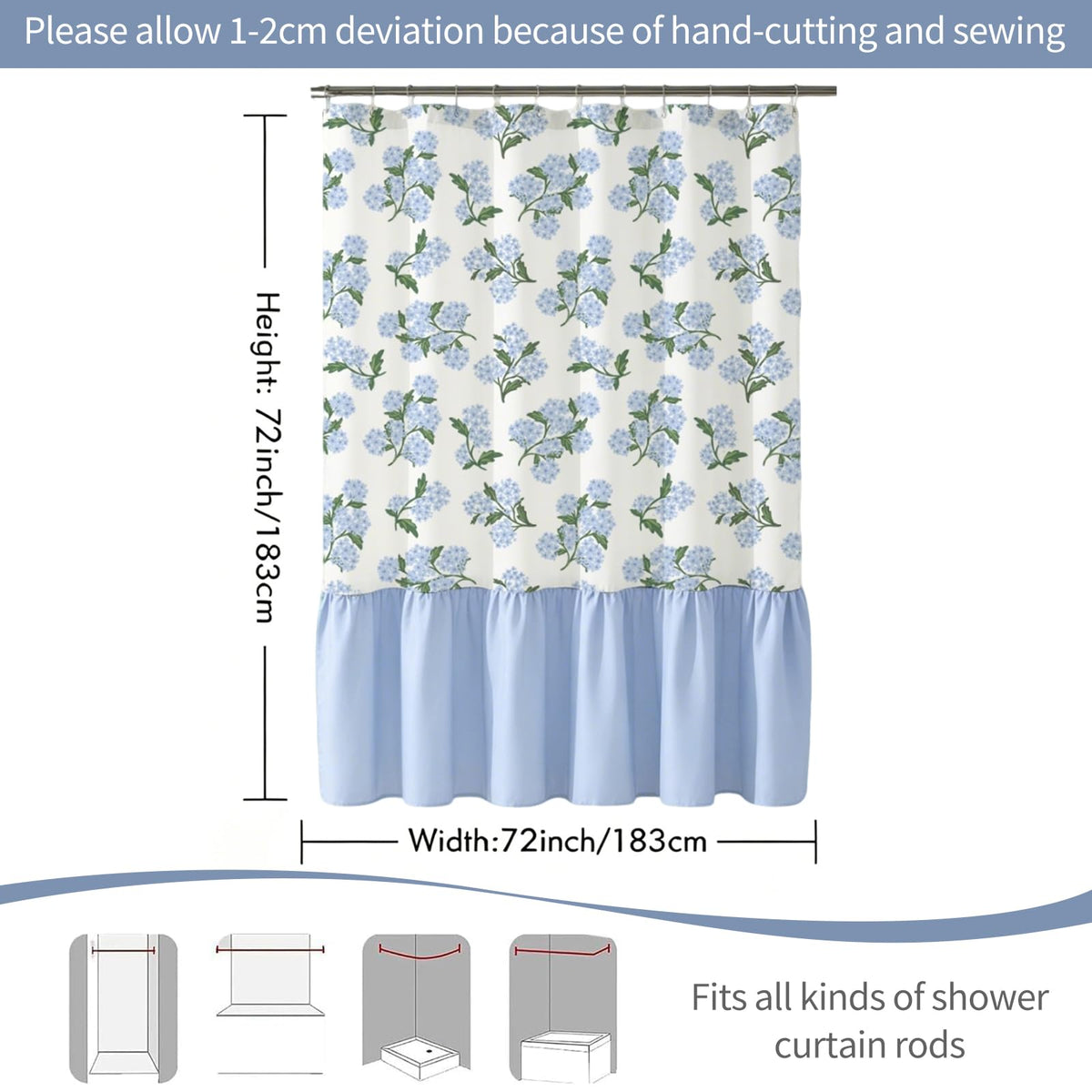 FYSUIMU Linen Textured Ruffle Shower Curtain with 12 Hooks Blue Hydrangea Floral Block Print Waterproof Bath Curtain for Summer Farmhouse French Country Bathroom Decor, 72 x 72 Inch