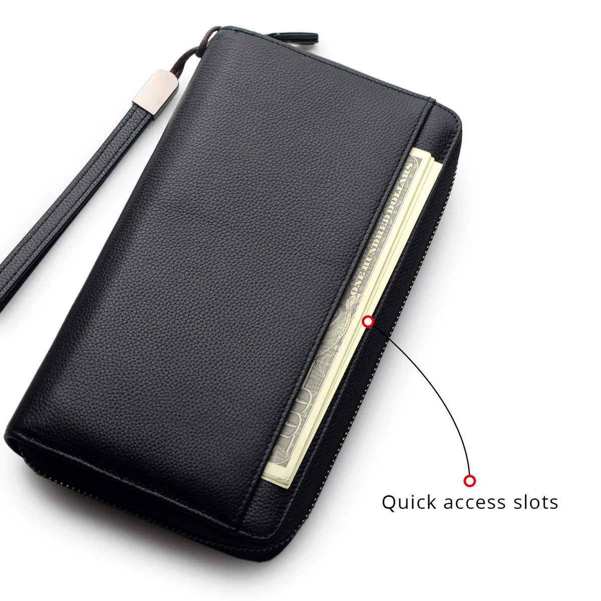 Travel Document Organizer RFID Blocking Leather Multiple Passport Wallet Family Holder Id Wrist Strap(Black)