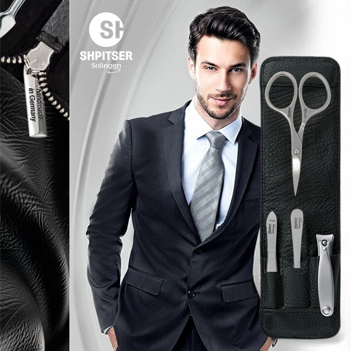 Shpitser Manicure and Pedicure Set of 4 Surgical Stainless Steel Instruments, Made in Solingen, Germany, Luxury Topinox Grooming Kit In Full Grain Nappa Leather Case (Black)