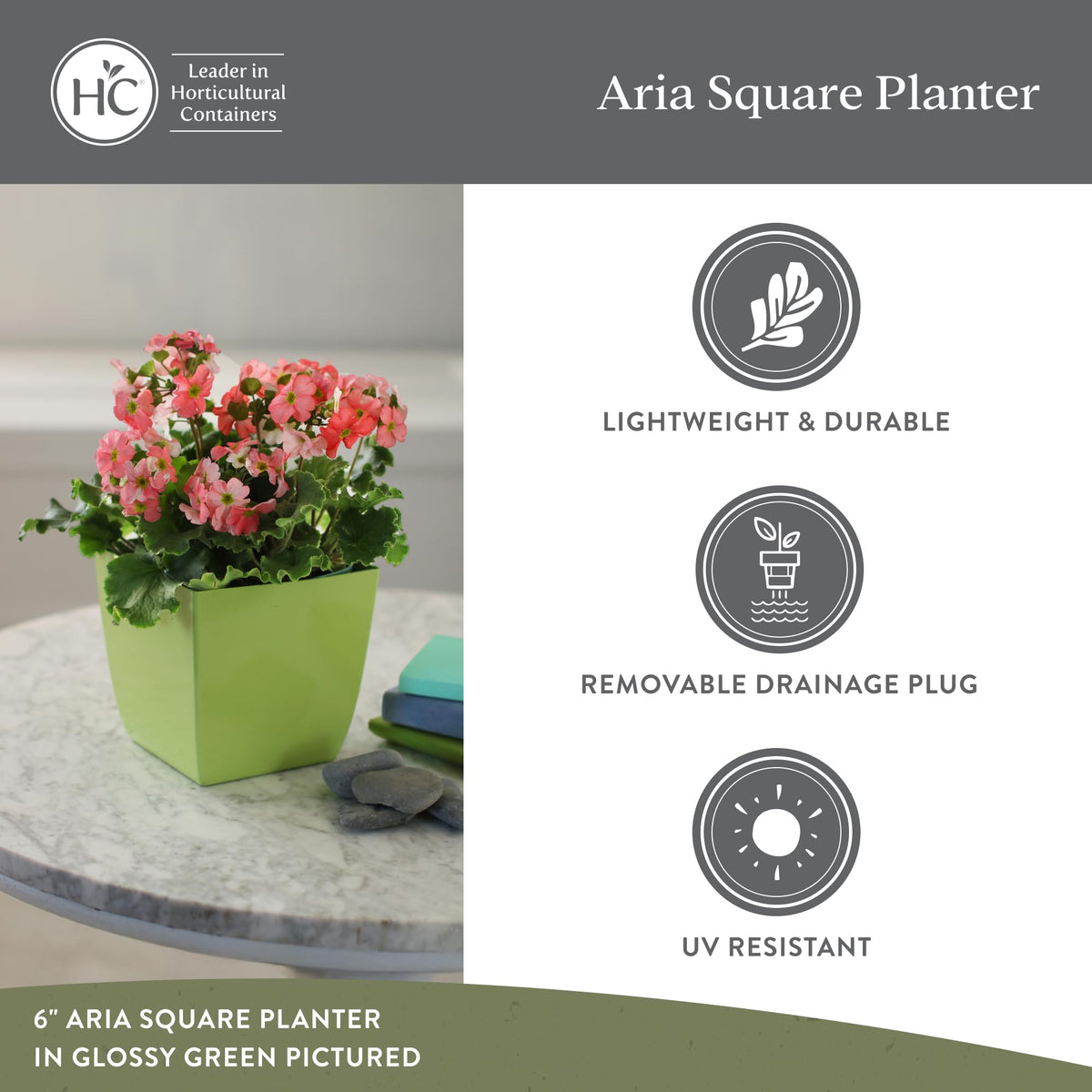 The HC Companies Aria Square Plant Pot w/Drainage - Classic Planters for Outdoor Plants & Indoor Plants - Lightweight & UV-Resistant Plastic Pots for Plants (12" Glossy Green, Pack of 1)