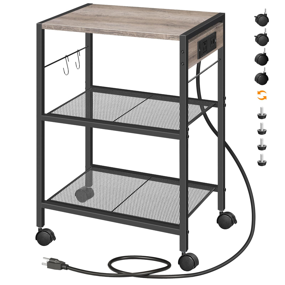 HOOBRO Industrial Printer Stand, 3-Tier Mobile Printer Table, Rolling Cart with Power Outlets and USB Ports, Home Printer Stand with 2 Hooks, for Office, Living Room, Greige and Black BG22UPS01