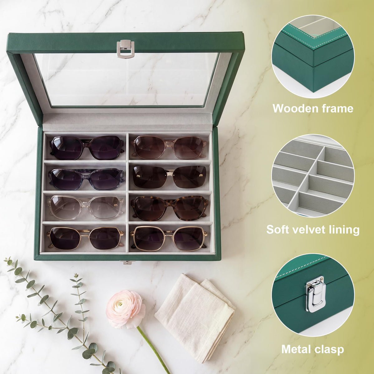 CECOBAG 8 Slots Sunglass Organizer with Clear Top Lid – PU Leather Glasses Case Display Tray, Removable Dividers, Also Suitable for Jewelry Storage-Green
