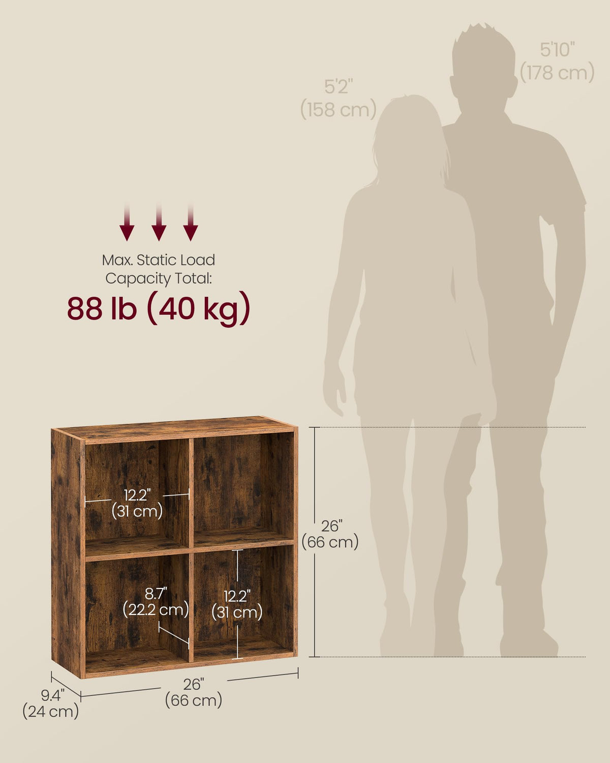 VASAGLE Custos Collection - Bookshelf, Bookcase, Cube Shelf with 4 Compartments, 9.4 x 26 x 26 Inches, Storage Shelf, for Living Room, Home Office, Dining Room, Rustic Brown ULBC476K01