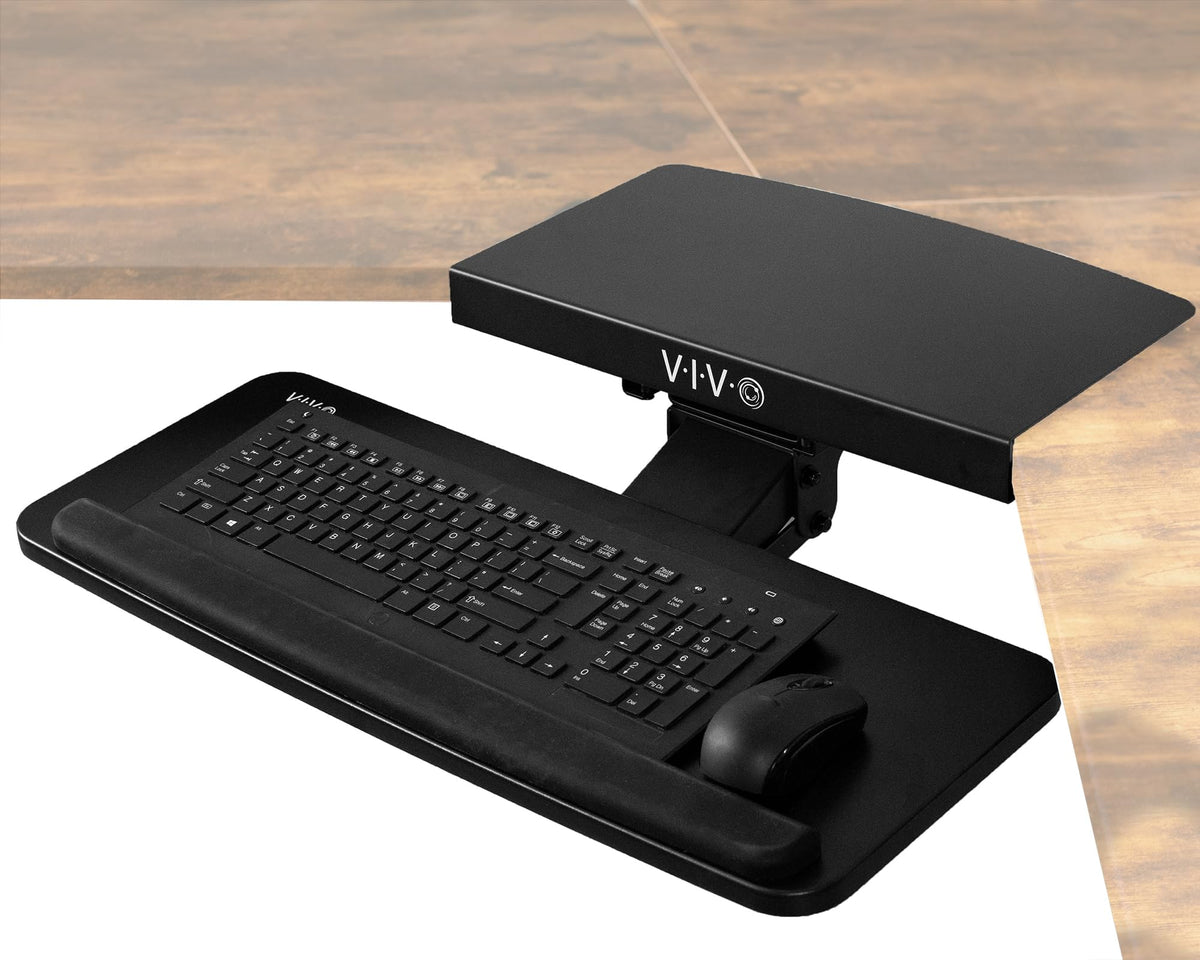 VIVO Adjustable Computer Keyboard and Mouse Platform Tray with Corner Connector, Ergonomic Under Table Desk Mount Drawer for L-Shaped Workstations, Underdesk Shelf, Black, MOUNT-KB03B-C