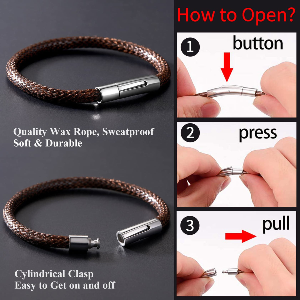 Brown Leather Bracelet for Women Waterproof Braided Wax Rope Chain Bangle 5mm 7.9 Inch Men Boyfriend Christmas Birthday