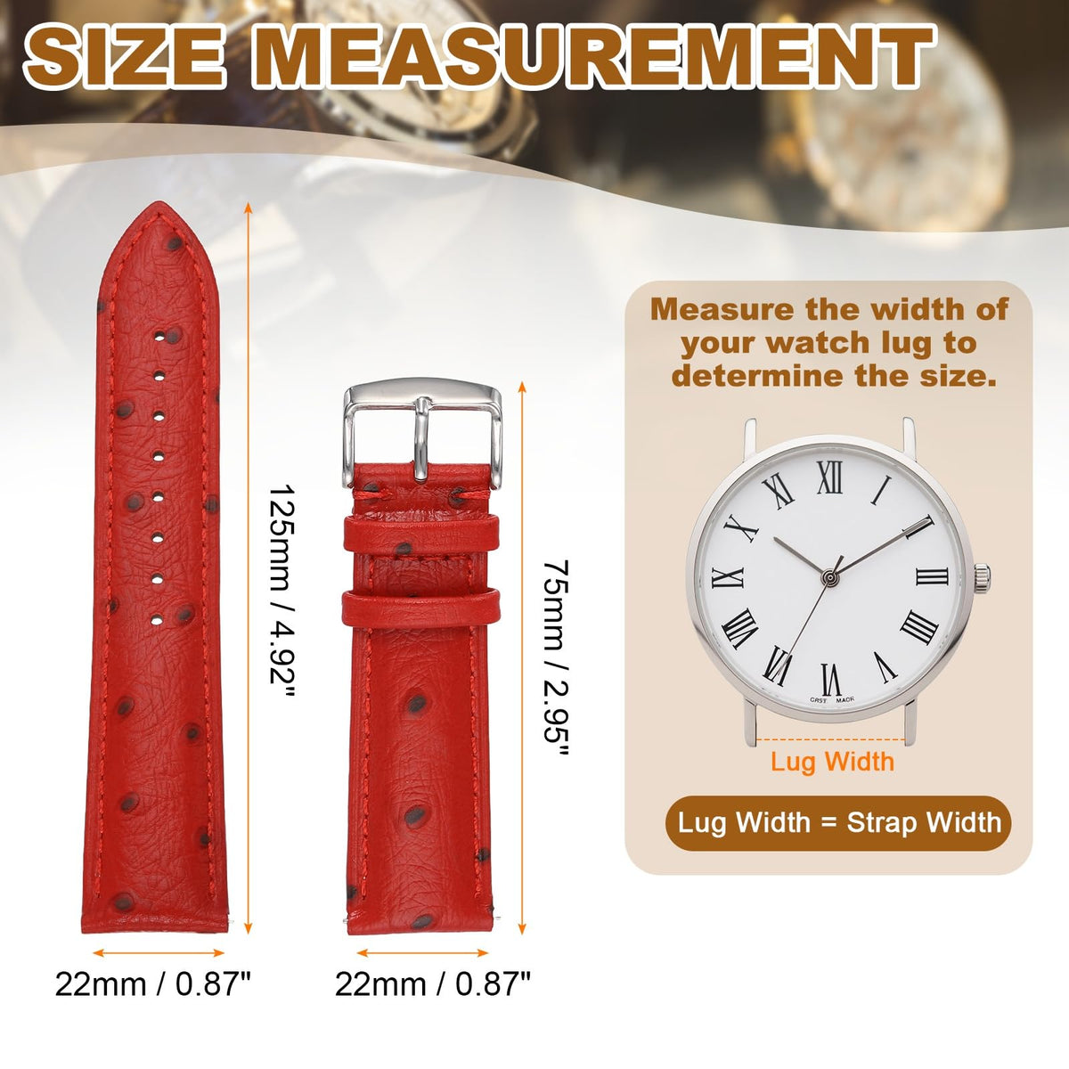 HARFINGTON Watch Band 22mm Width Vintage Top Grain Leather Quick Release Watch Strap Wristband Replacement Bands with Buckle Pin for Men Women Gifts, Silver-Red