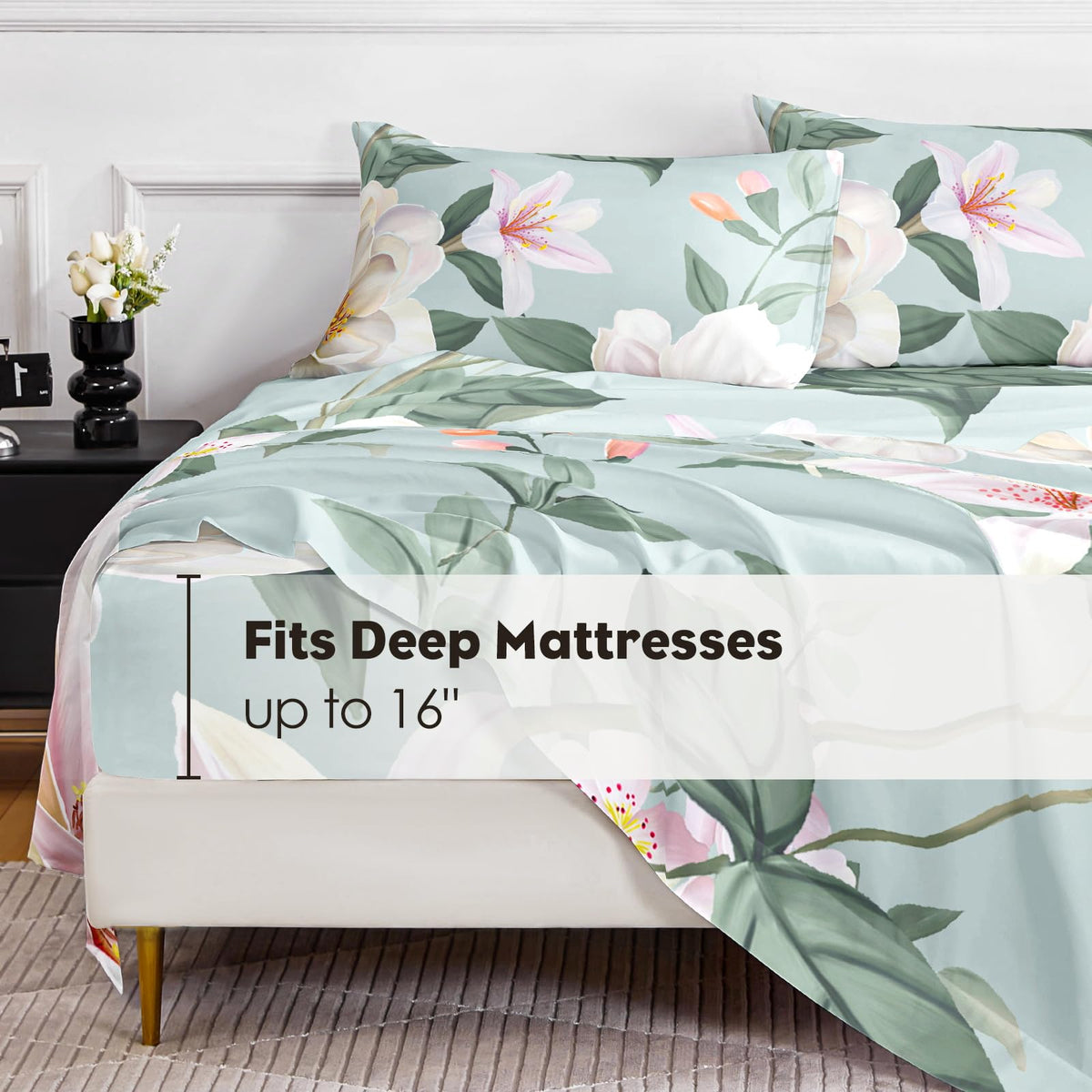 HCORA Floral King Size Sheets Set, Luxury 1800TC Hotel Quality Double Brushed Microfiber Deep Pocket Bed Sheets, Ultra Soft, Breathable and Cooling, 4PC, King