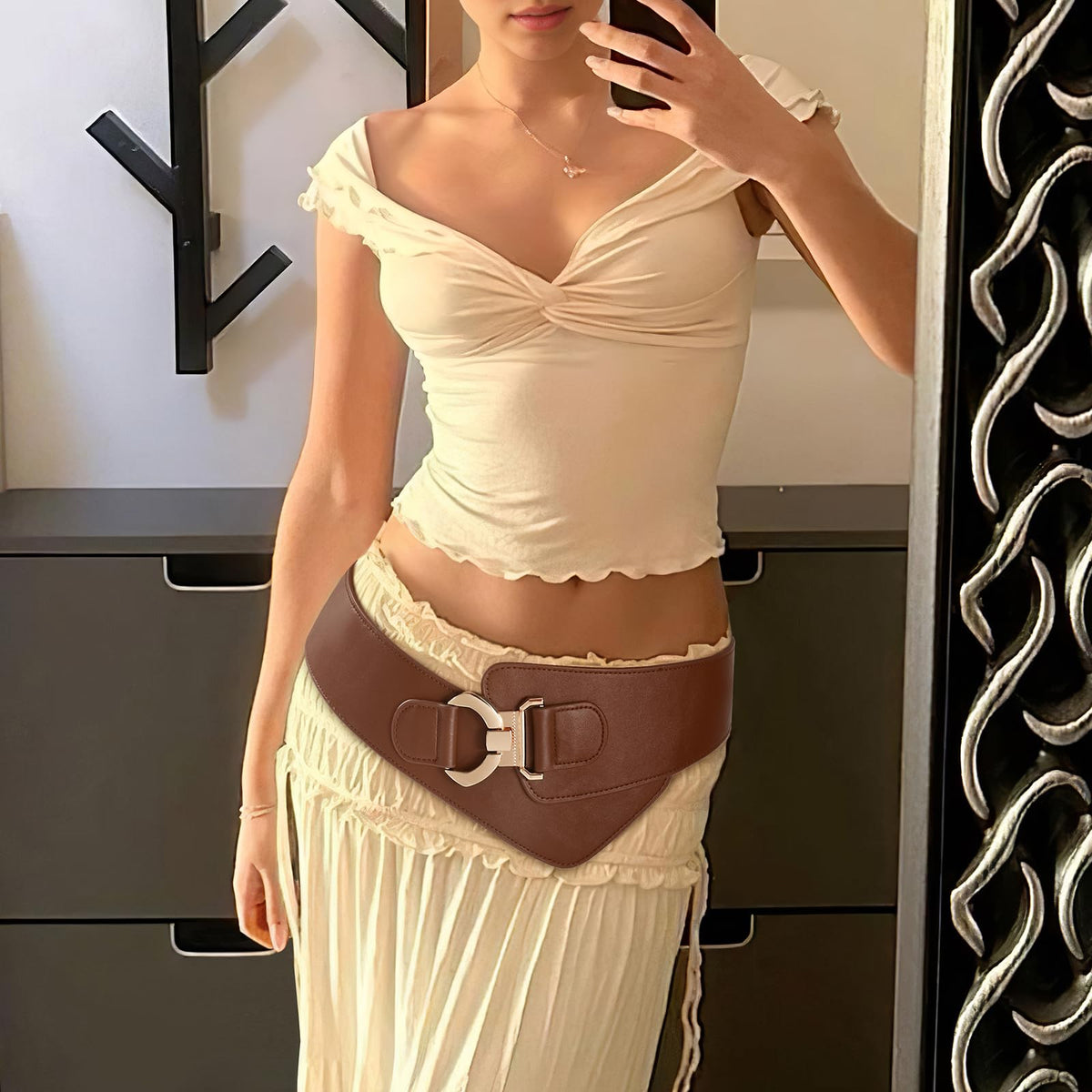 JASGOOD Women's Fashion Vintage Wide Elastic Stretch Waist Belt with Gold Interlock Buckle Halloween Belt (Brown,Suit Waist 30-35 Inch)