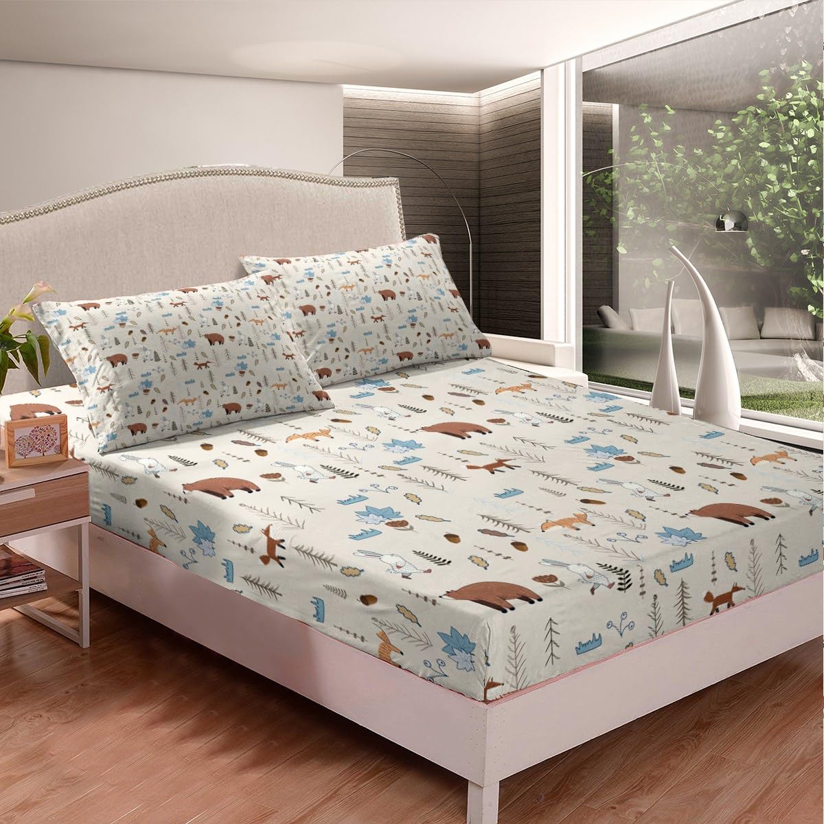 Kids Bear Fox Fitted Sheet Twin Size Cartoon Rabbit Pine Trees Bedding Set 2Pcs,Girls Boys Teens Jungle Adventure Hunt Animals Bed Sheet Room Decor Rustic Beige Deep Pocket Sheet,1 Pillowcase