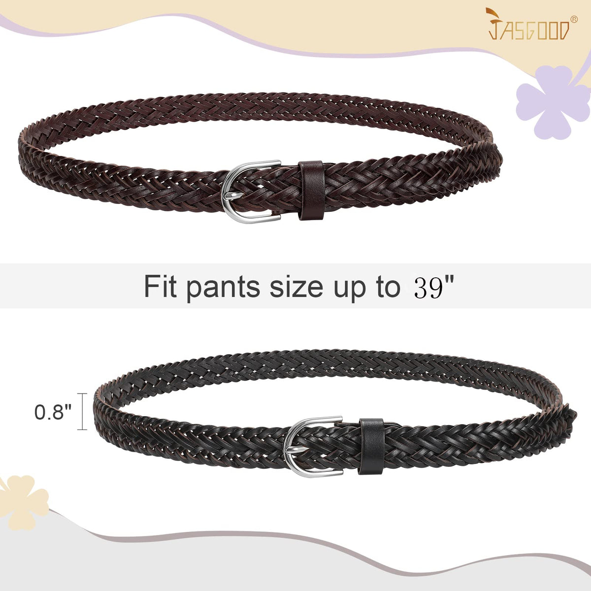 JASGOOD 2 Pack Women Skinny Leather Belts Thin Braided Leather Belts Casual Woven Waist Belt for Jeans Pants Dresses