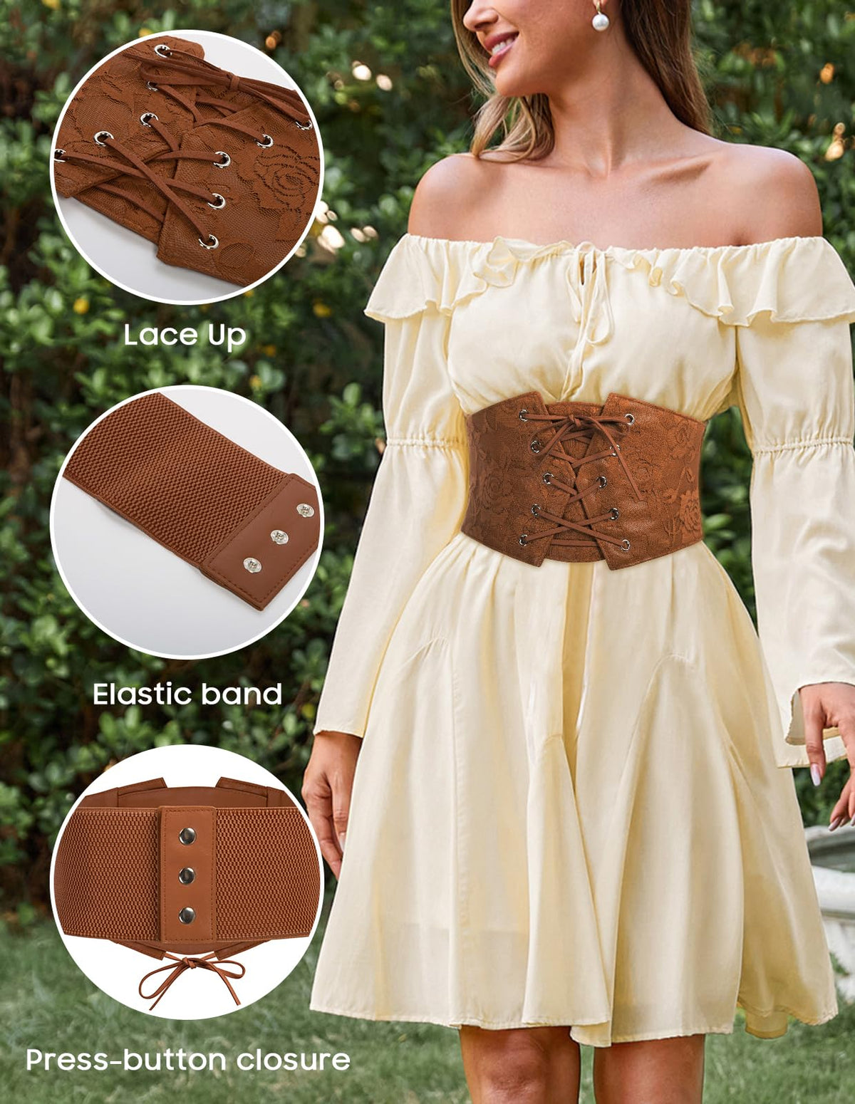 GRACE KARIN Women's Elastic Wide Waist Belt Renaissance Pirate Corset Cinch Belt Cosplay Costume with Press Button Coffee M