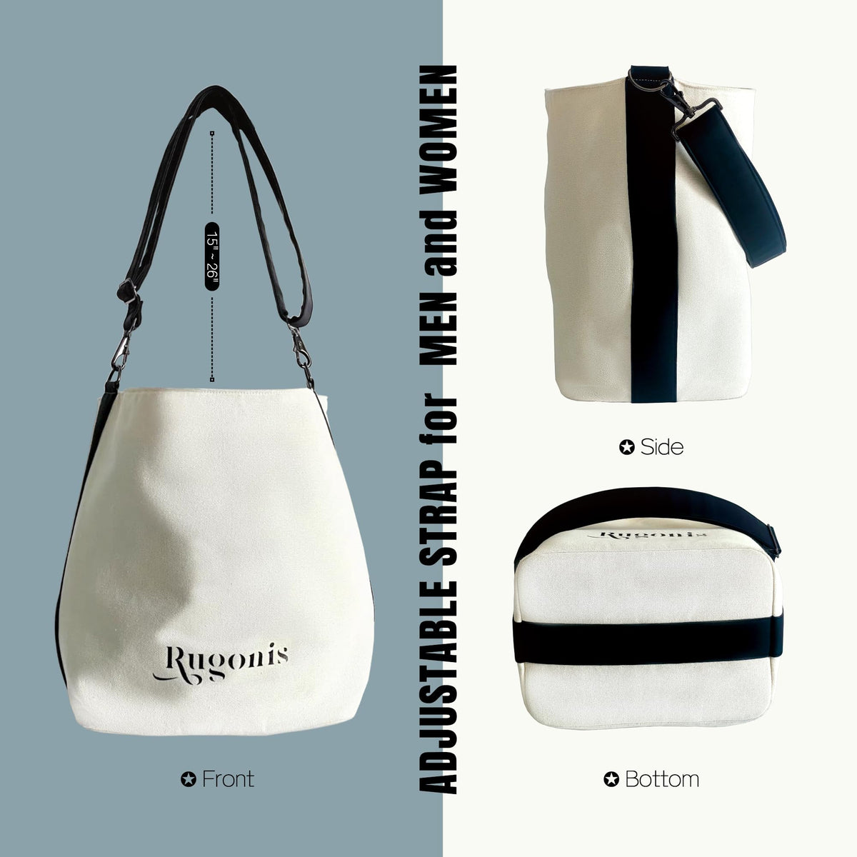 Rugonis Heavy Duty Canvas Bucket Bag for Women & Men - 25L Large Capacity Waterproof Tote with Detachable Wide Padded Strap, Grocery Shopping, Travel, Commute, RV Organizer, 20oz Canvas