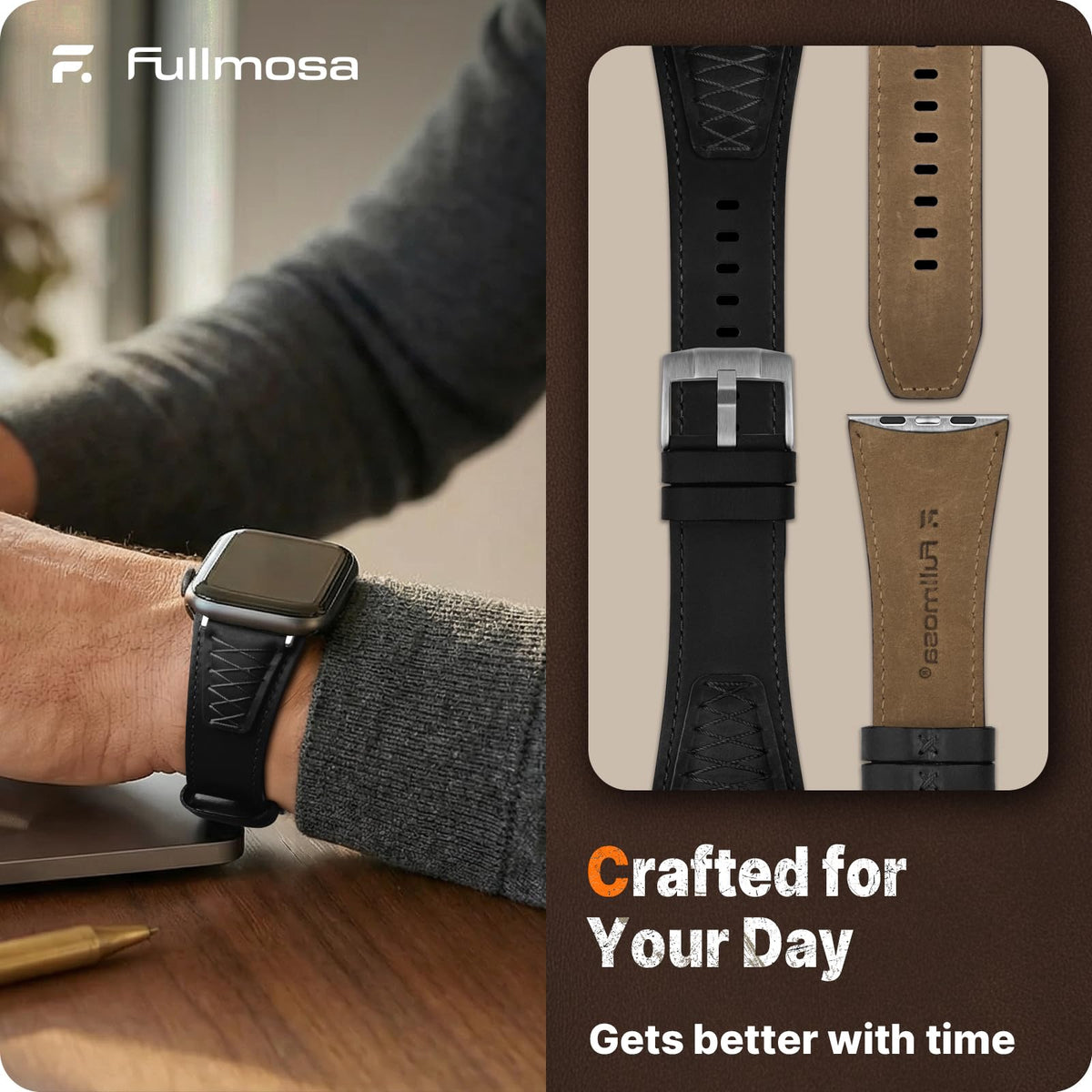 Fullmosa Leather Band Compatible with Apple Watch Ultra 3/2/1 Band 49mm 46mm 45mm 44mm 42mm Men, Top Grain Leather Replacement Strap for iWatch series 11 10 9 8 7 6 5 4 3 2 1, SE 3 2 1,Black+Silver