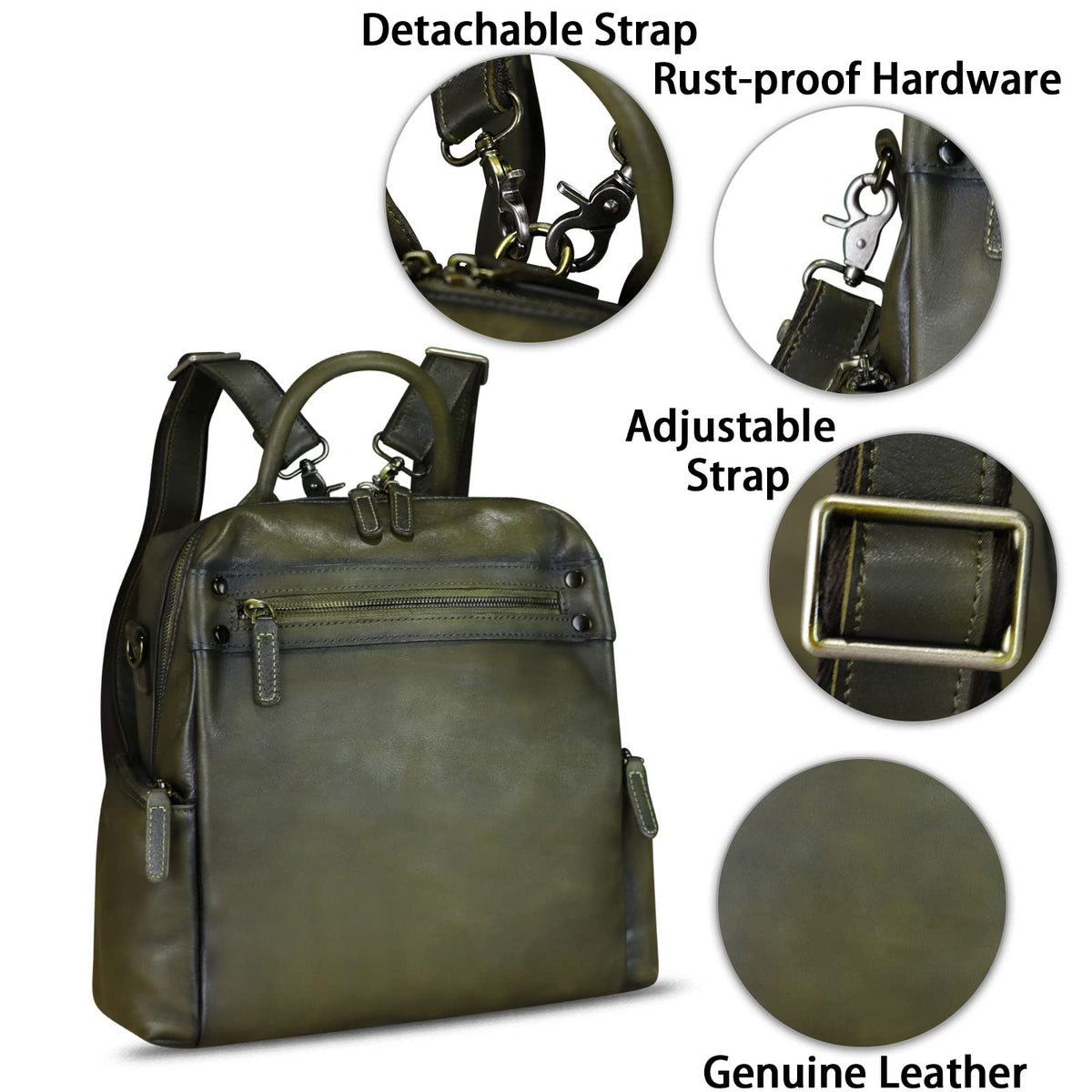 Genuine Leather Backpack Purse for Women Vintage Casual Daypack Knapsack Handmade Rucksack Convertible Shoulder Bag (Green) Medium