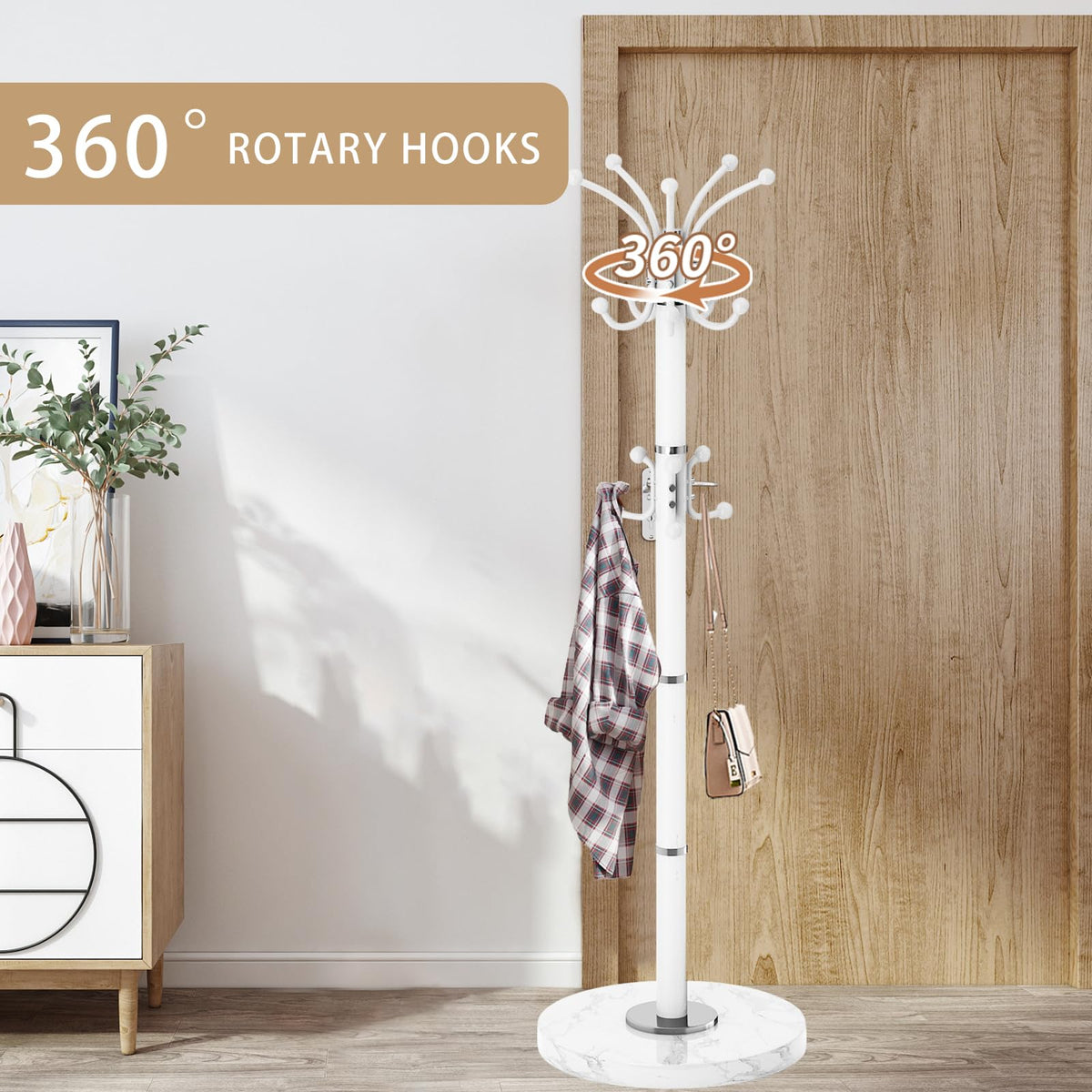 LOZABEE Metal Heavy Duty Coat Rack Stand, Modern 360° Roraty Freestanding Coat Rack with Natural Marble Base, White Coat Racks Hall Tree Hanger Stand with 16 Hooks for Entryway, Office