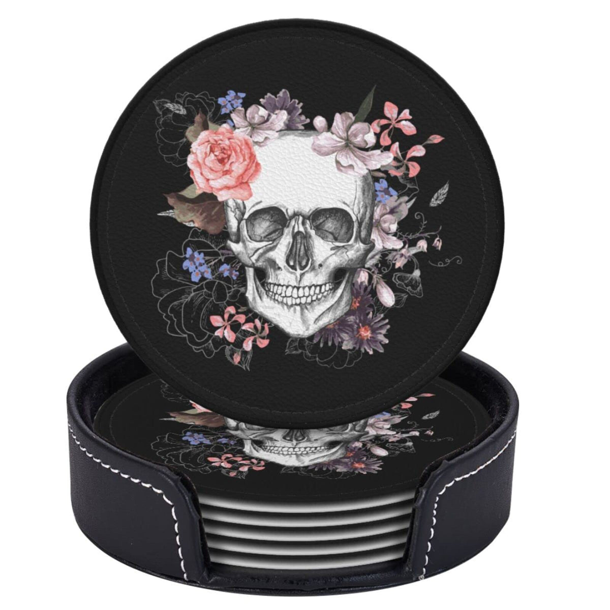 Niukom 6 Pcs Sugar Skull Flower Leather Coasters for Drinks with Holder Coaster Sets Drink Table Cup Coasters for Living Room Kitchen Coffee Decor