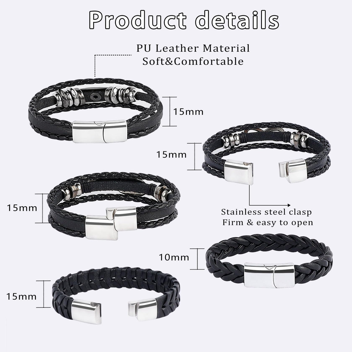 MILAKOO 5Pcs Punk Bracelets for Men Stainless Steel Clasp Woven Braided Leather Wristband Goth Style