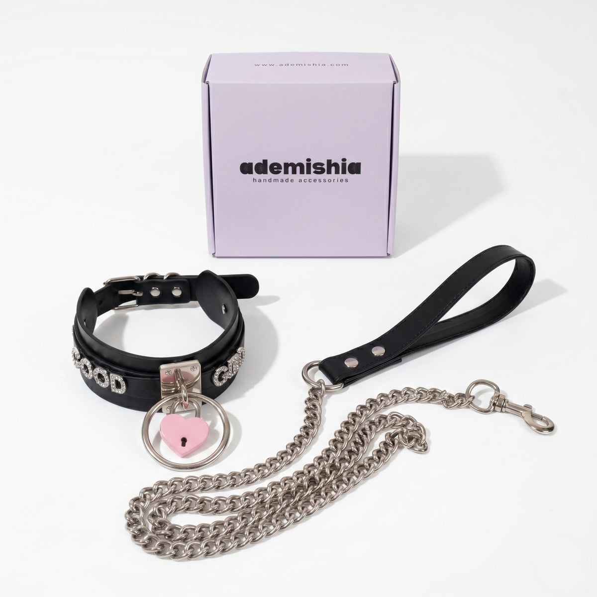 ADEMISHIA Pink Padlock O-ring Leather Choker and Leash Set, Punk Gothic Grunge Emo Necklace For Women, Soft Vegan Leather Collar with Durable Aluminum Chain Leash