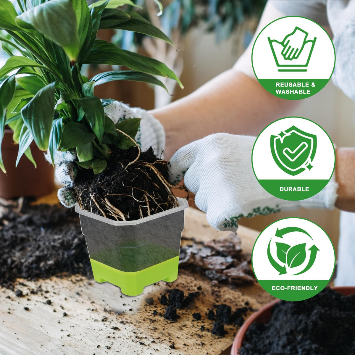 Aobiono 10 Packs 4 Inch Clear Nursery Pots with Reinforced Silicone Base for Easy Transplant, Reusable Seed Starter Seedling Small Plant Flower Pots with Drainage (Green, 10 Packs)