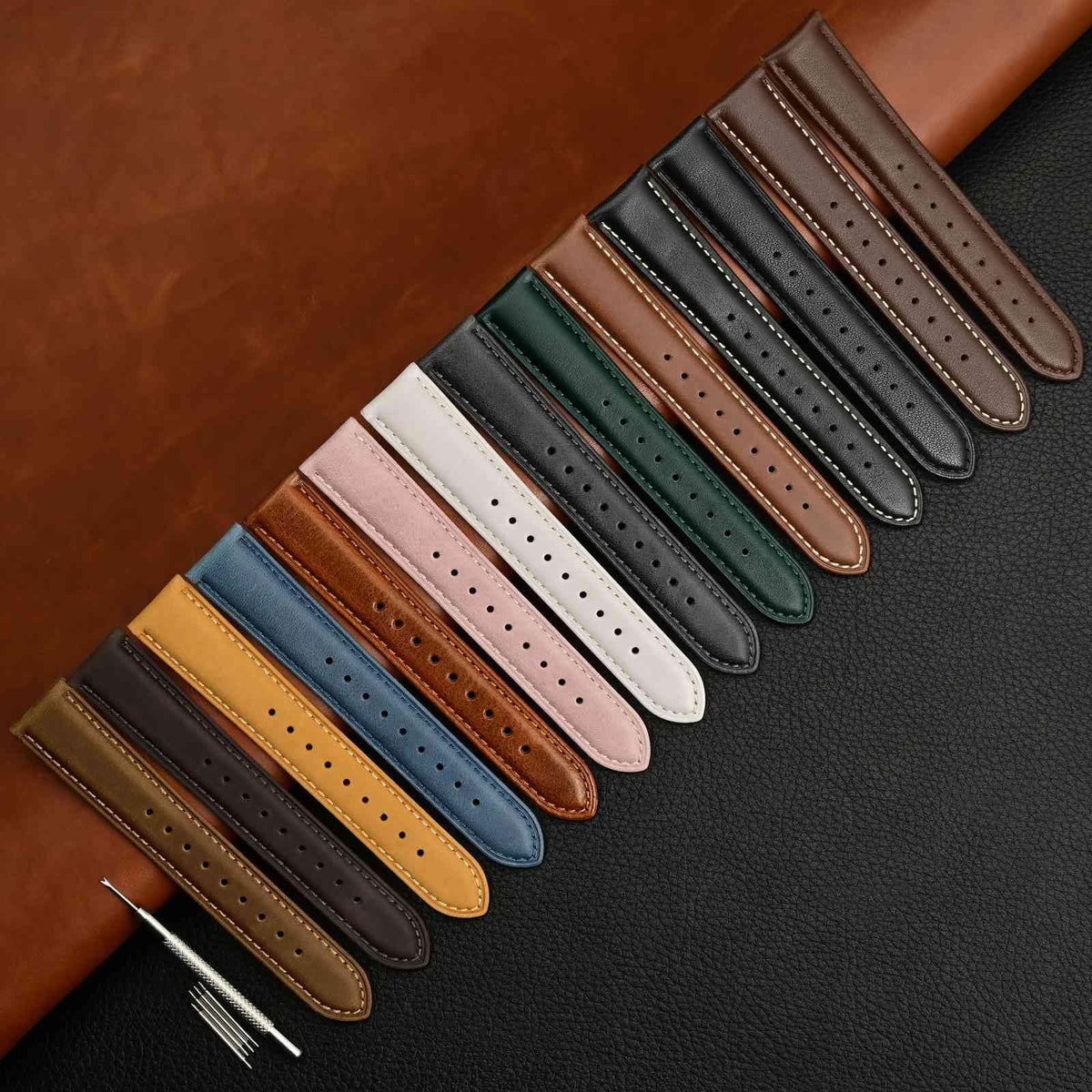 WOCCI 20mm Vintage Leather Watch Band for Men and Women, Silver Buckle (Black)