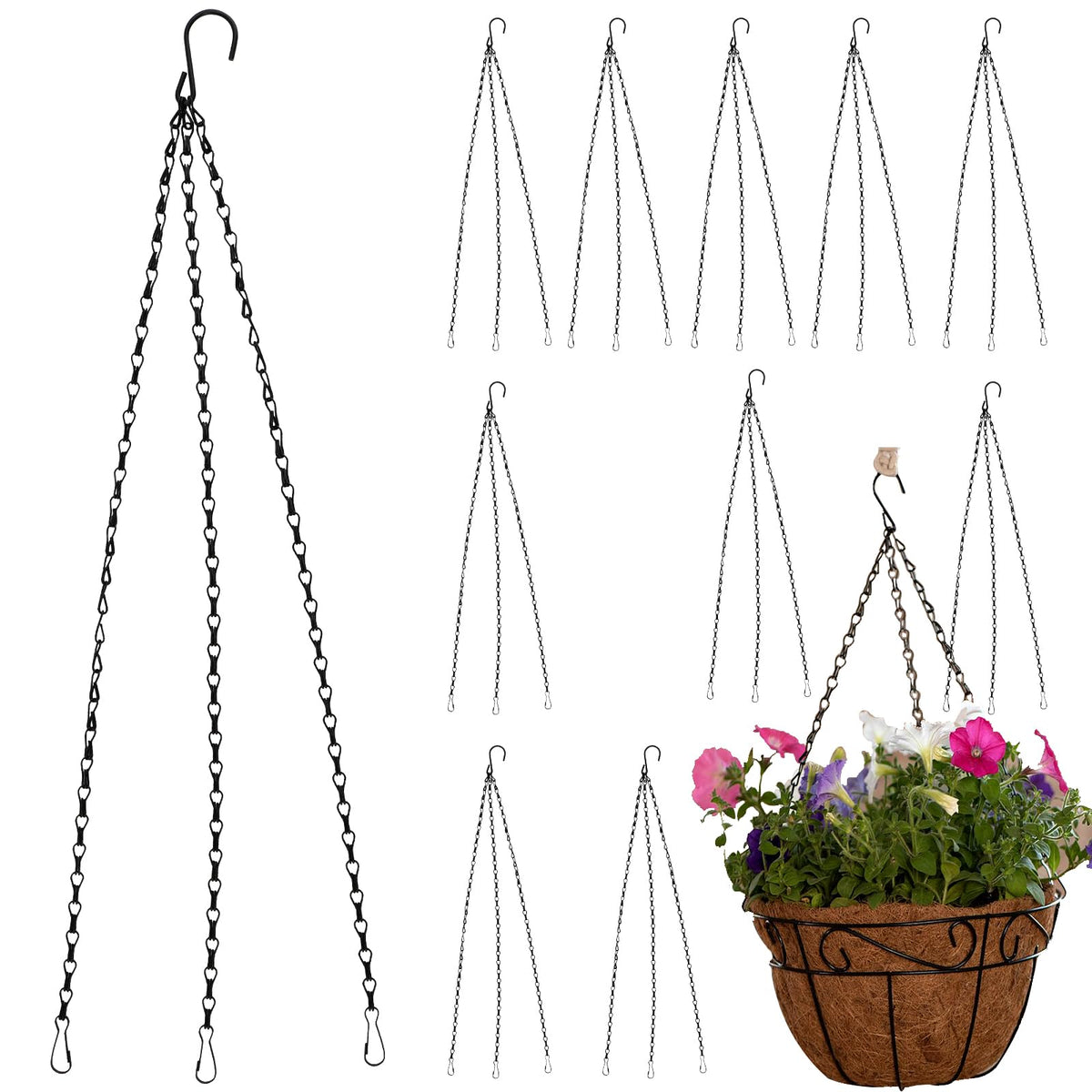 MOUYAT 10 Sets 23 Inch Black Metal Hanging Chains, 3 Point Planter Hanging Basket Chain with Hooks, Heavy Duty Flower Plant Pot Hanger Chain for Garden Wind Chimes, Billboard, Indoor Outdoor Ornament