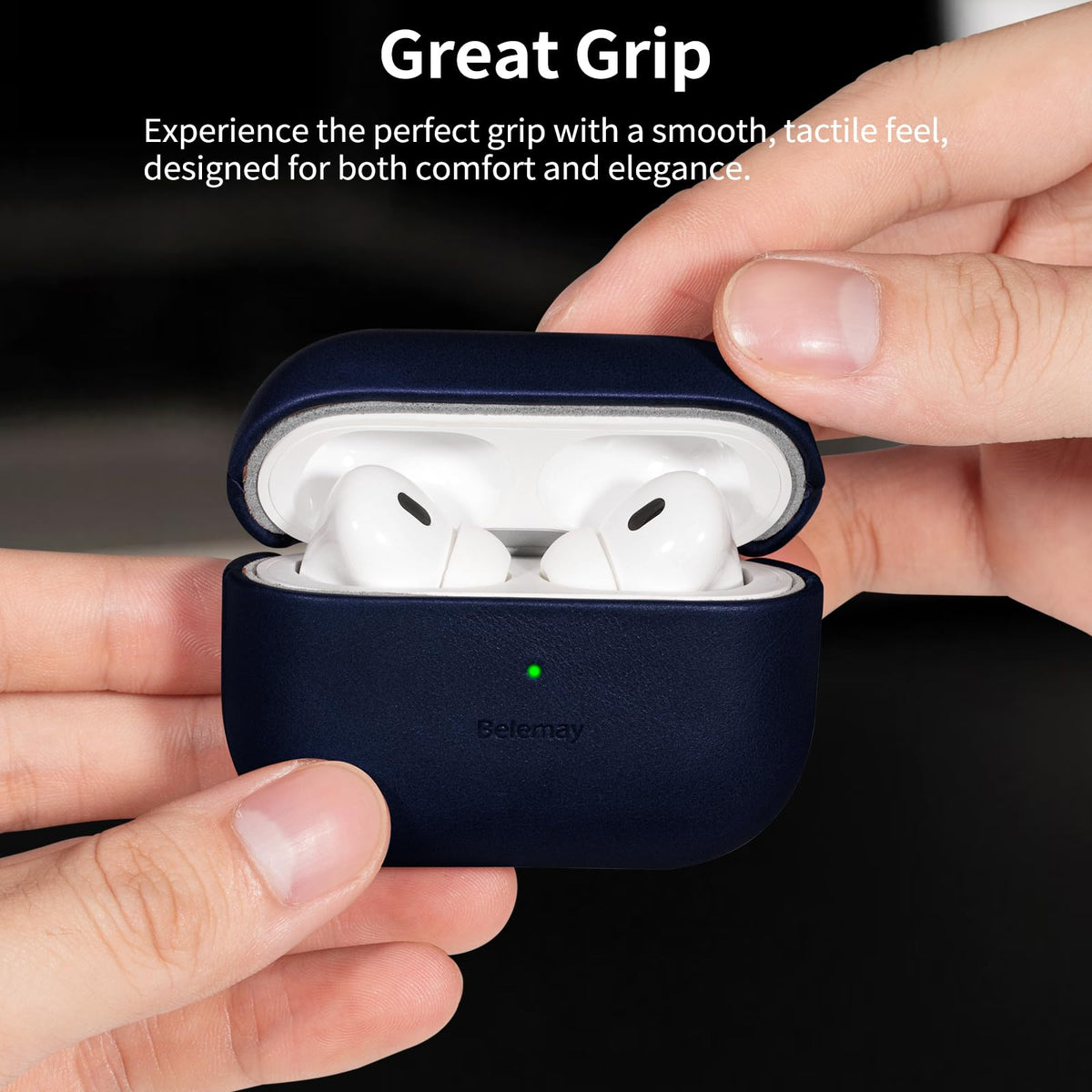 Belemay Handcrafted Full-Grain Vegetable-Tanned Leather Case for AirPods Pro 3rd Gen (2025), Classy Two-Tone Effect, Natural Patina, Compatible with MagSafe, Compatible with Airpods Pro 3, Navy Blue