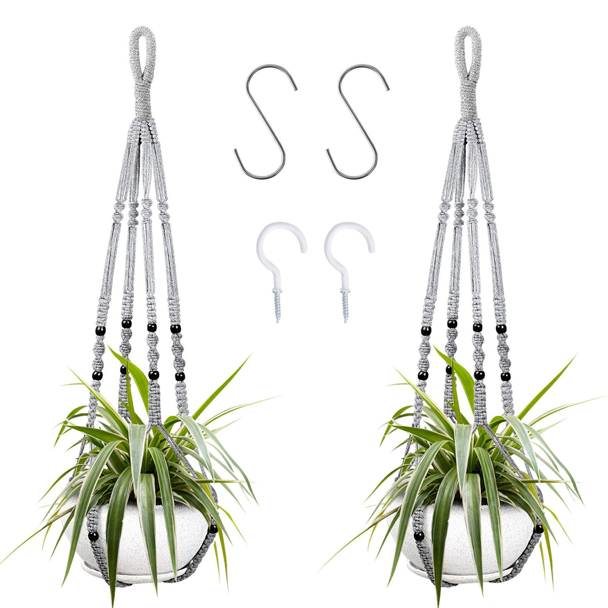 Augshy 2 Packs Macrame Hanging Planter, Indoor Hanging Planter Basket with Wood Beads Decorative Macrame Pot Hanger for Home Decor (Grey)