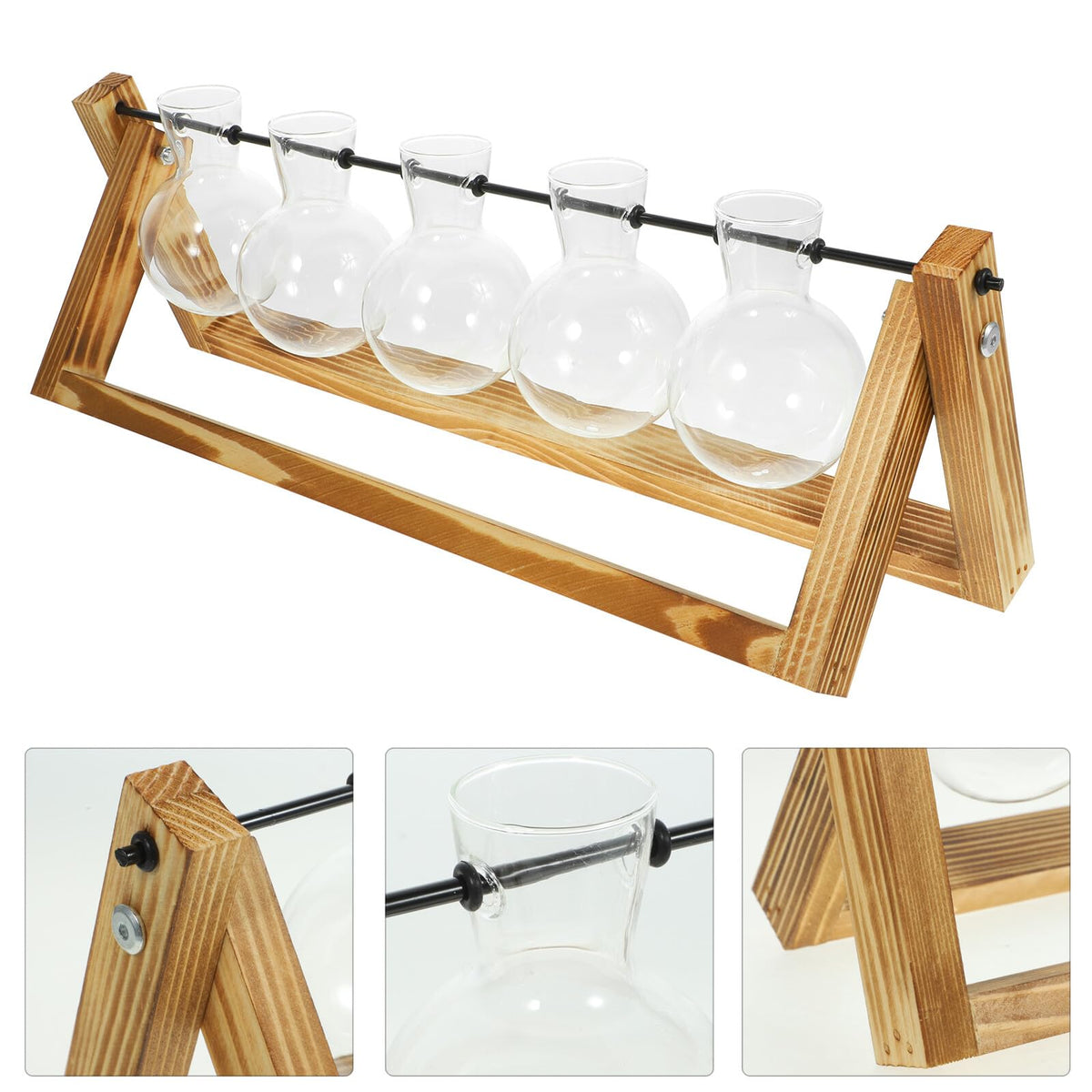BEBEMOKO Glass Plant Propagation Station with 5 Hydroponic Vases and Wooden Stand, Glass Flower Vase Set for Desktop Indoor Plant Terrarium and Home Décor