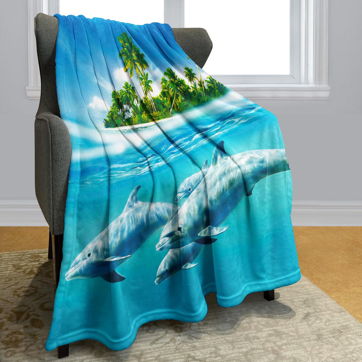 OHTMTHO Tropical Dolphins Throw Blanket, Soft Warm Cozy Fleece Blanket for Couch Bed, 60" x 80", Blue