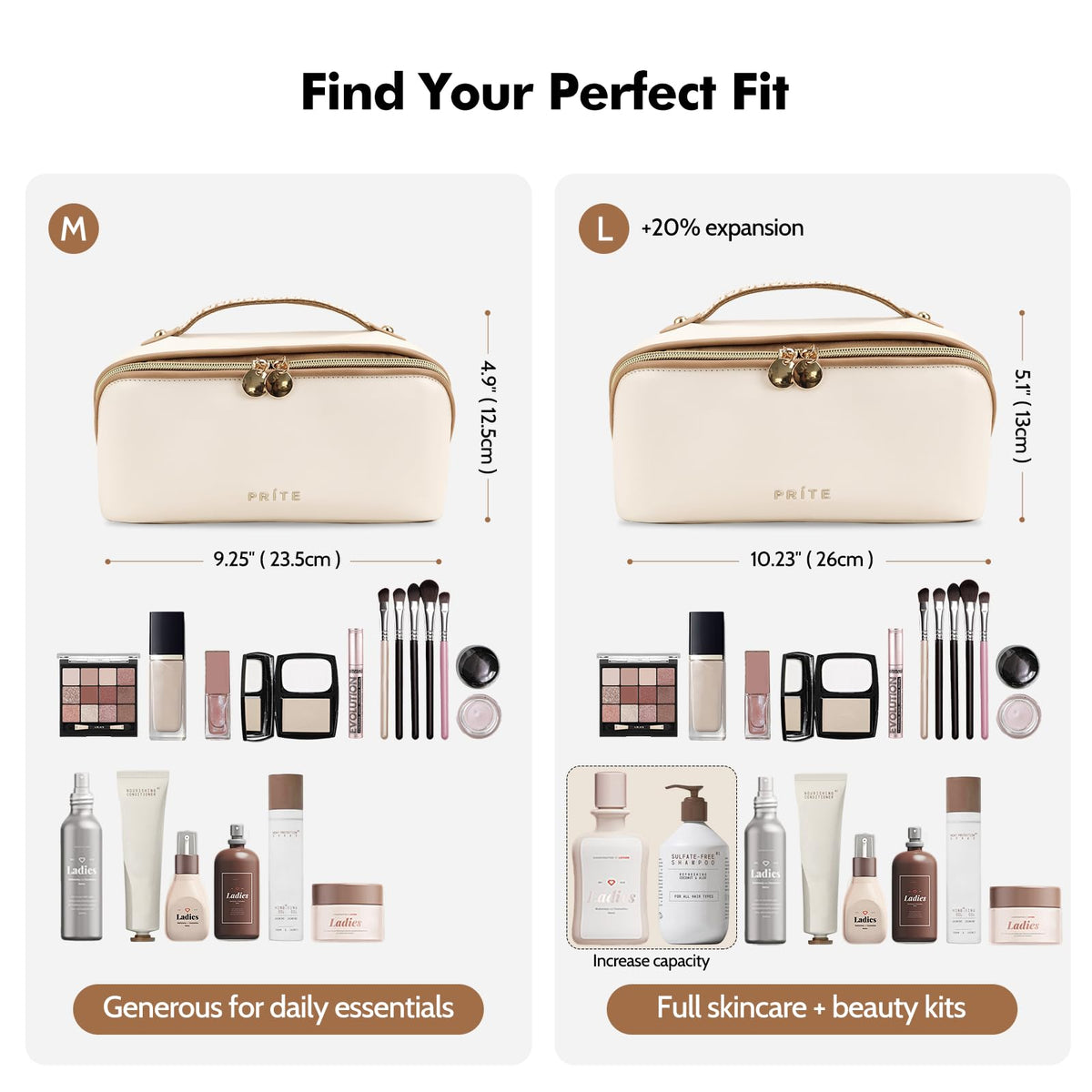 Prite Makeup Bag for Women Travel Waterproof Vegan Leather Cosmetic Bag Open Flat Toiletry Bag With Clear Divider and Handle (Beige, Medium)