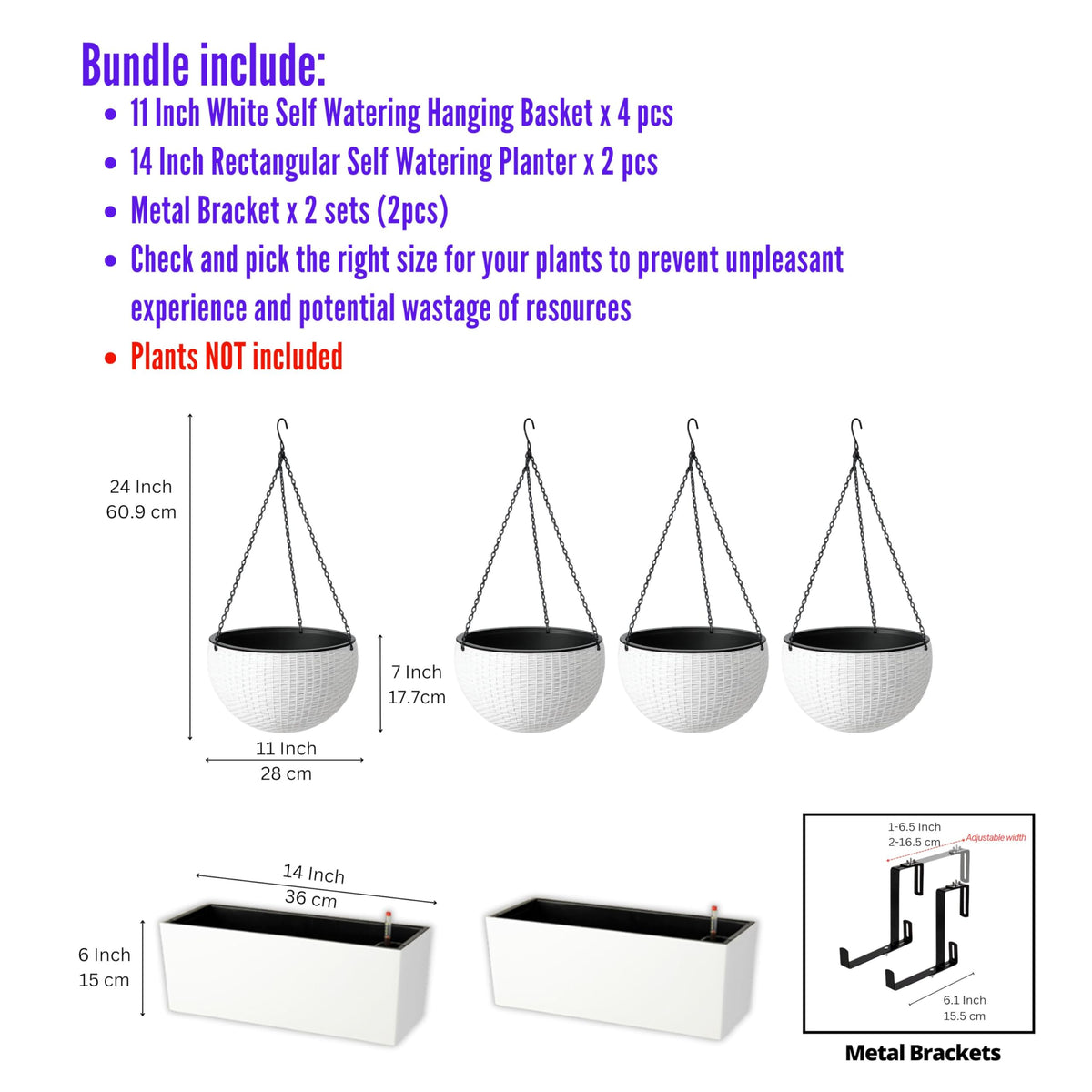 LaLaGreen Bundle- 4 Pack, 11 Inch Self Watering Hanging Basket + 2 Pack, 14 Inch White Rectangular Planter Window Flower Box with Bracket Round Plant Pots Outdoor Balcony Patio Porch Deck Garden Decor