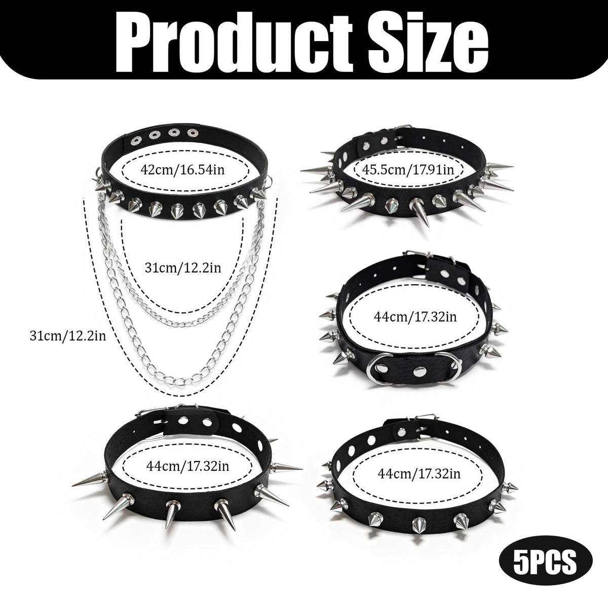 Qoncosy 5 Pcs Goth spiked choker Necklace Set, Spiked Choker with Heart and Paw Studs, Gothic Cat Collar, Adjustable PU Leather Collar for Women, Gothic Punk Rock Accessories for Concerts Halloween Cosplay (Gothic4)