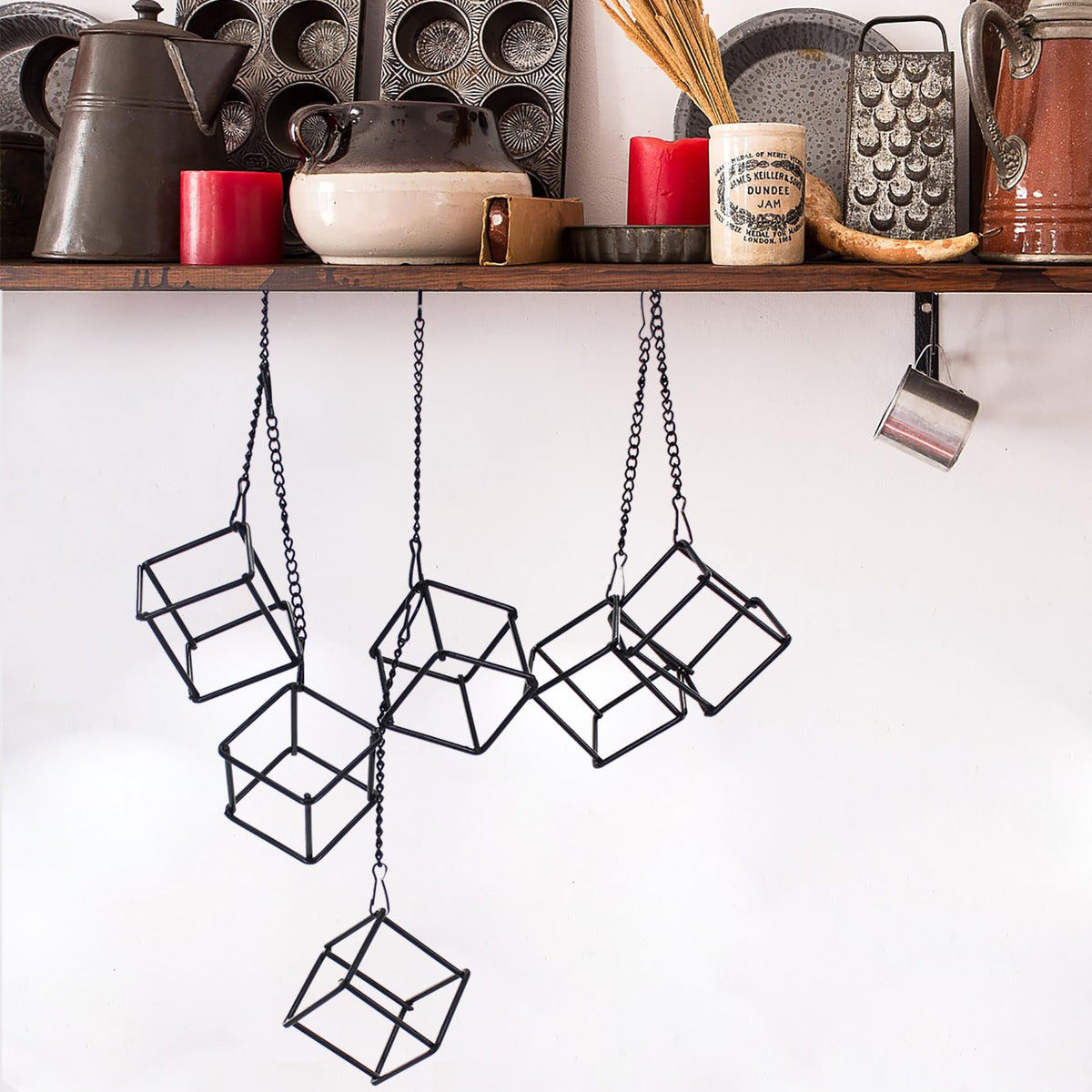 6 Pack Metal Hanging Air Plant Holders - Geometric Black Cube Tillandsia Hangers with Long Chains, Wall or Ceiling Mount for Small Air Plants, Home & Office Boho Decor (Individual or Combined Use)