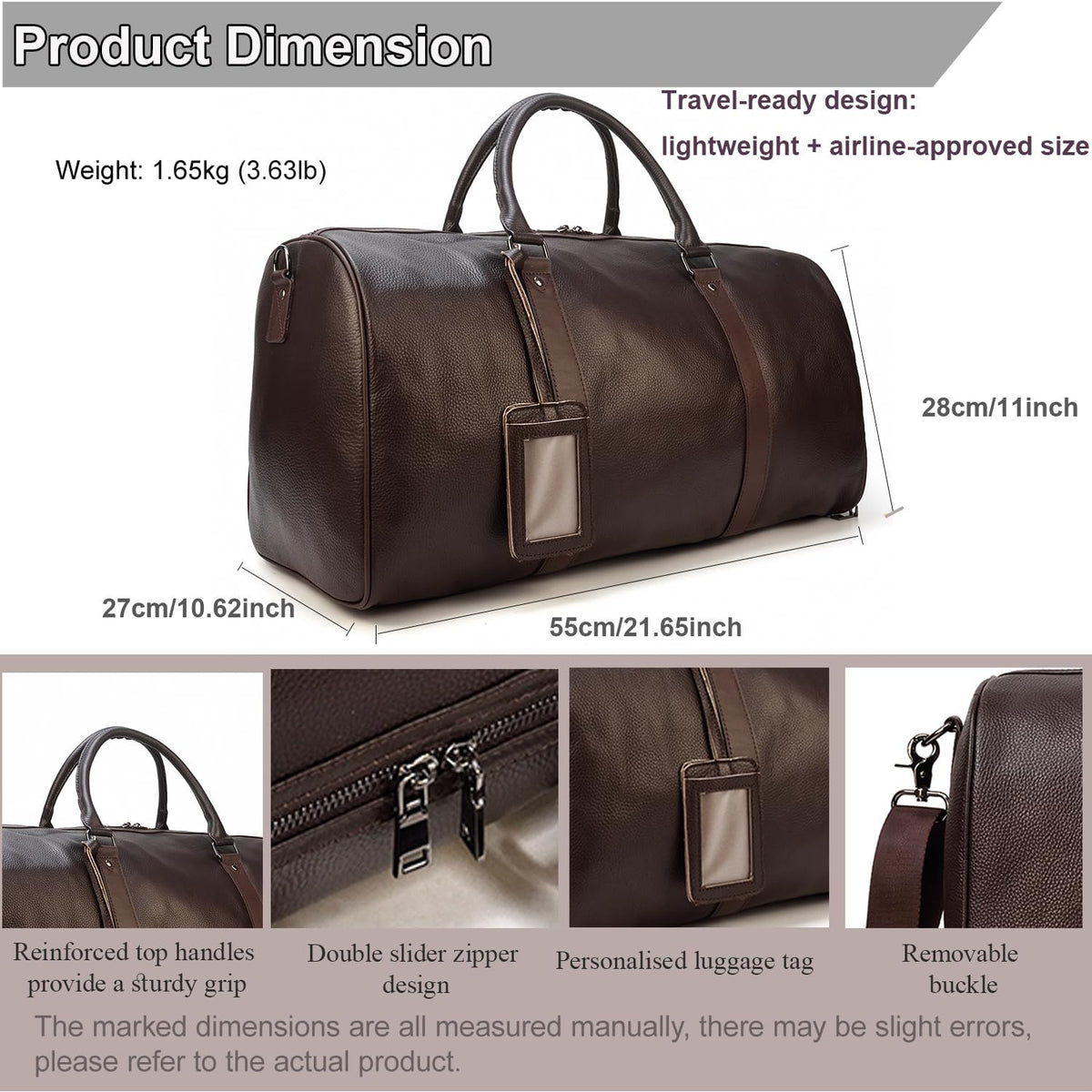 Yevabo Genuine Leather Duffel Bag for Men & Women, Cabin Friendly Carry-On Weekender Bag for Gym Travel Overnight Trips, Brown