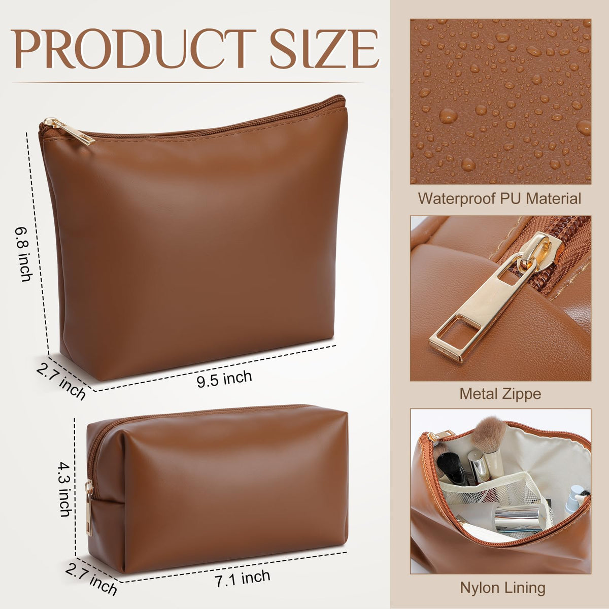 Kigeli 2 Pcs PU Leather Makeup Bag Set for Women Waterproof Aesthetic Cosmetic Bag Large & Small Travel Toiletry Organizer Pouch Skincare Organizer Bridesmaid Mother's Day Birthday Gift(Brown)