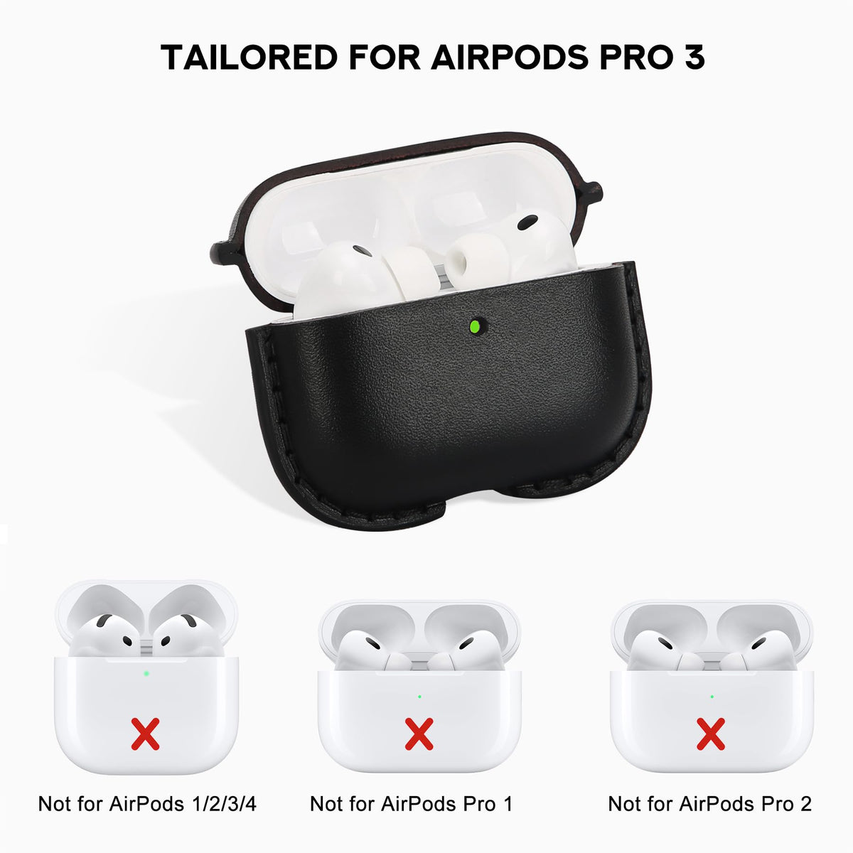 JusBumio Hand-Stitched Full Grain Vegetable Tanned Leather Case Compatible with AirPods Pro 3 (2025 Release), All-Leather Construction, MagSafe Ready, Unique Patina (Midnight Black)