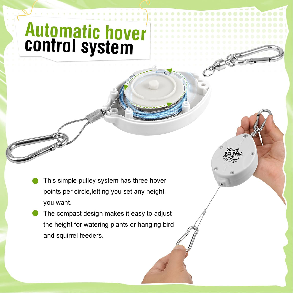 Plant Pulleys for Hanging Plants, Heavy Duty Retractable Hangers, 304 Stainless Steel Rope, Auto Plant Holder, Adjustable Climbing Hook for Garden Baskets Watering, or Bird Feeders 2PC (White)